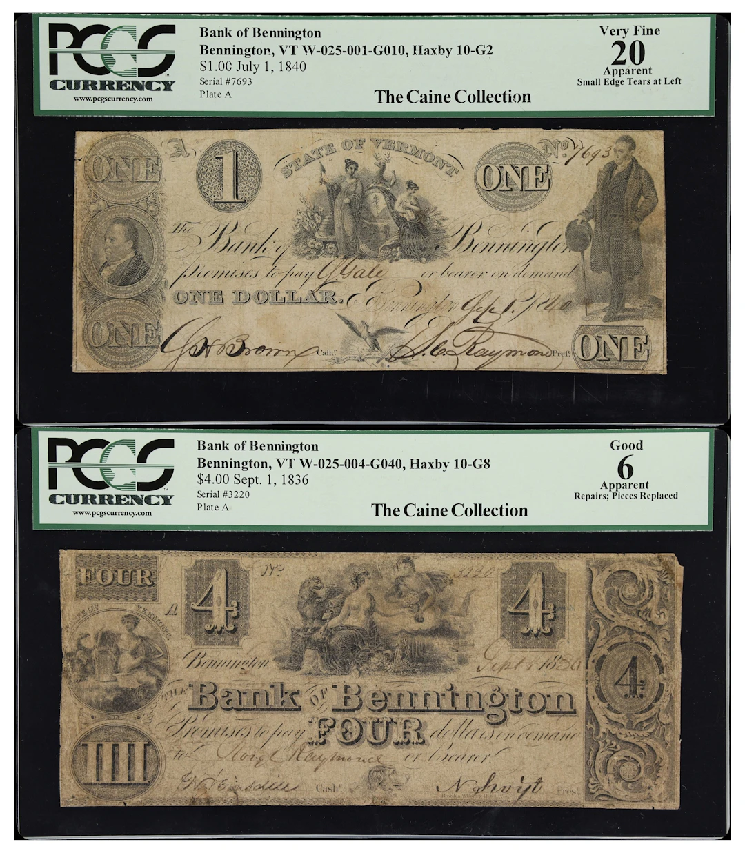 Lot of (2) Bennington, Vermont. Bank of Bennington. 1836-40 $1 & $4.