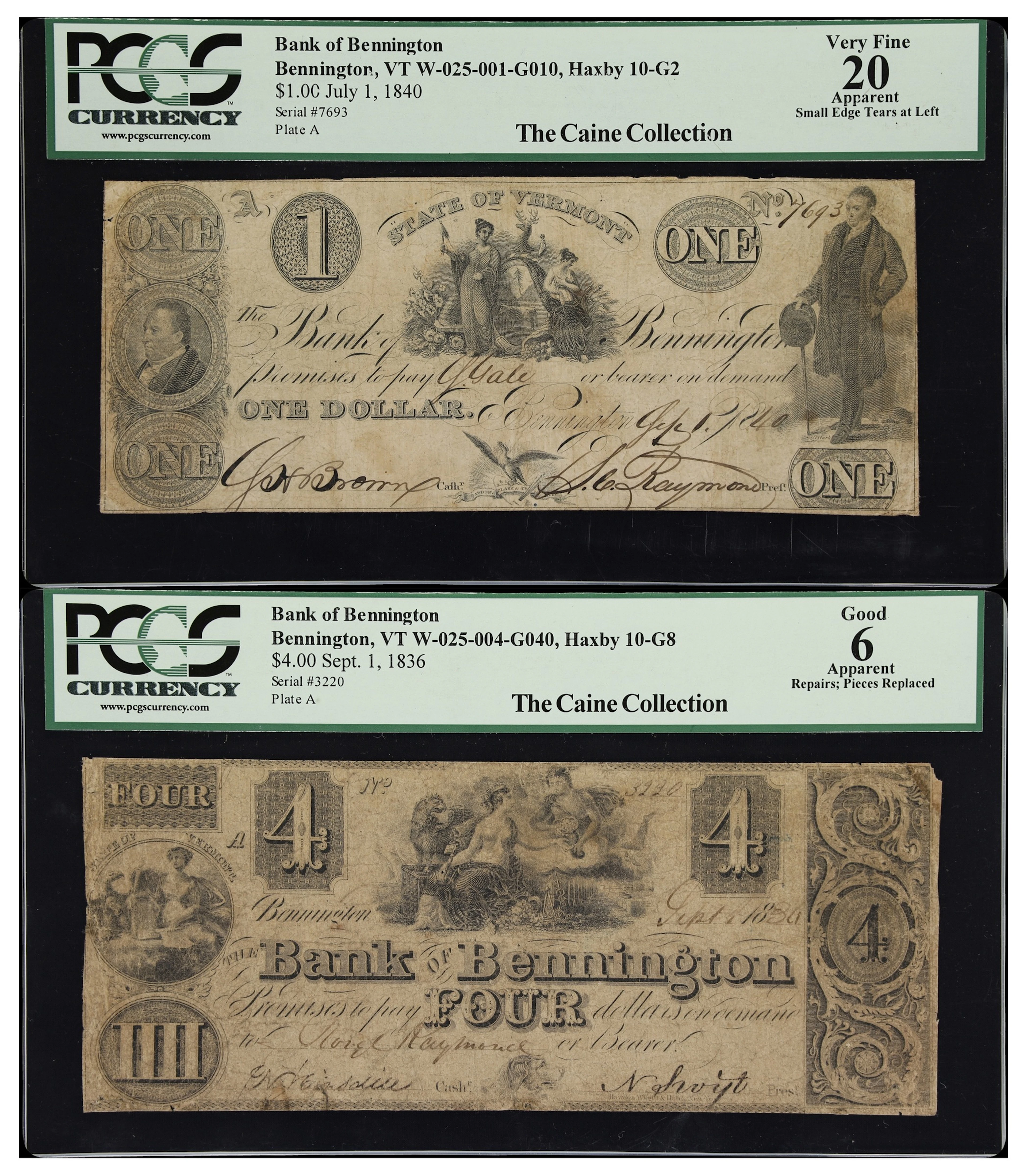 Lot of (2) Bennington, Vermont. Bank of Bennington. 1836-40 $1 & $4.