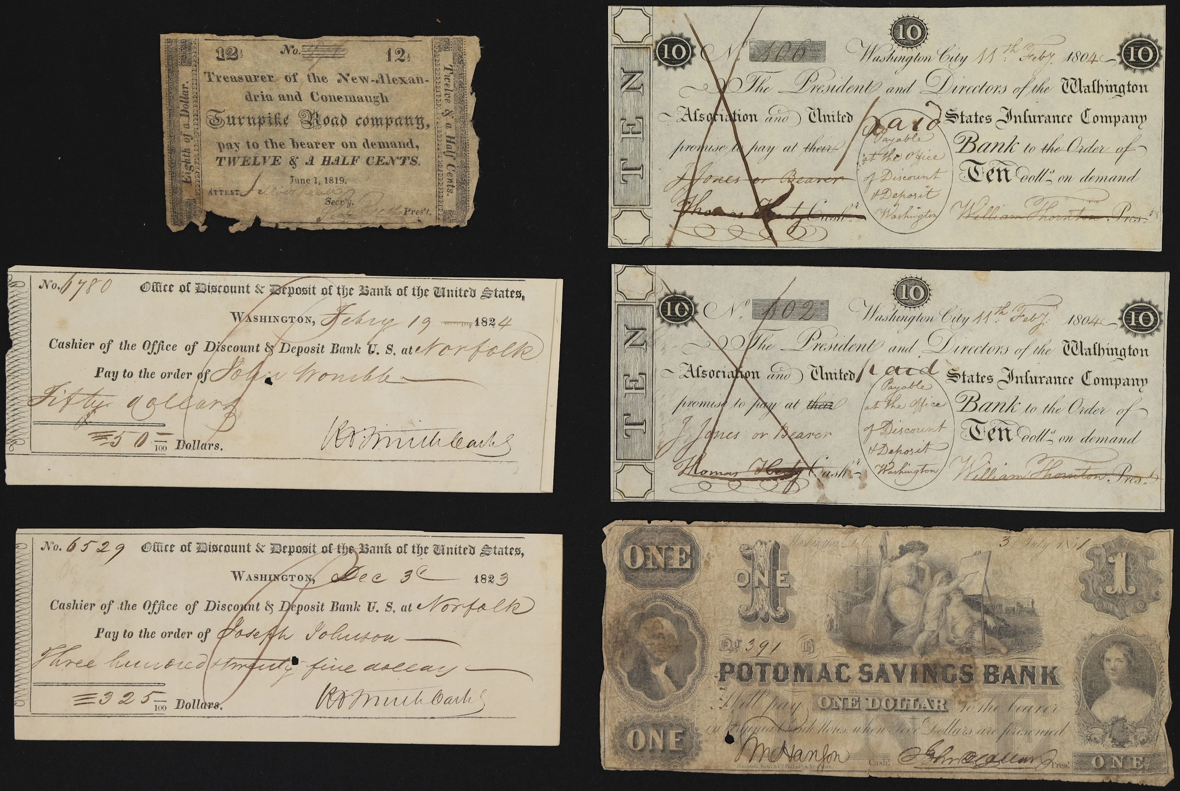 Lot of (6) District of Columbia Obsoletes. Mixed Issuers. 1804 - 50s