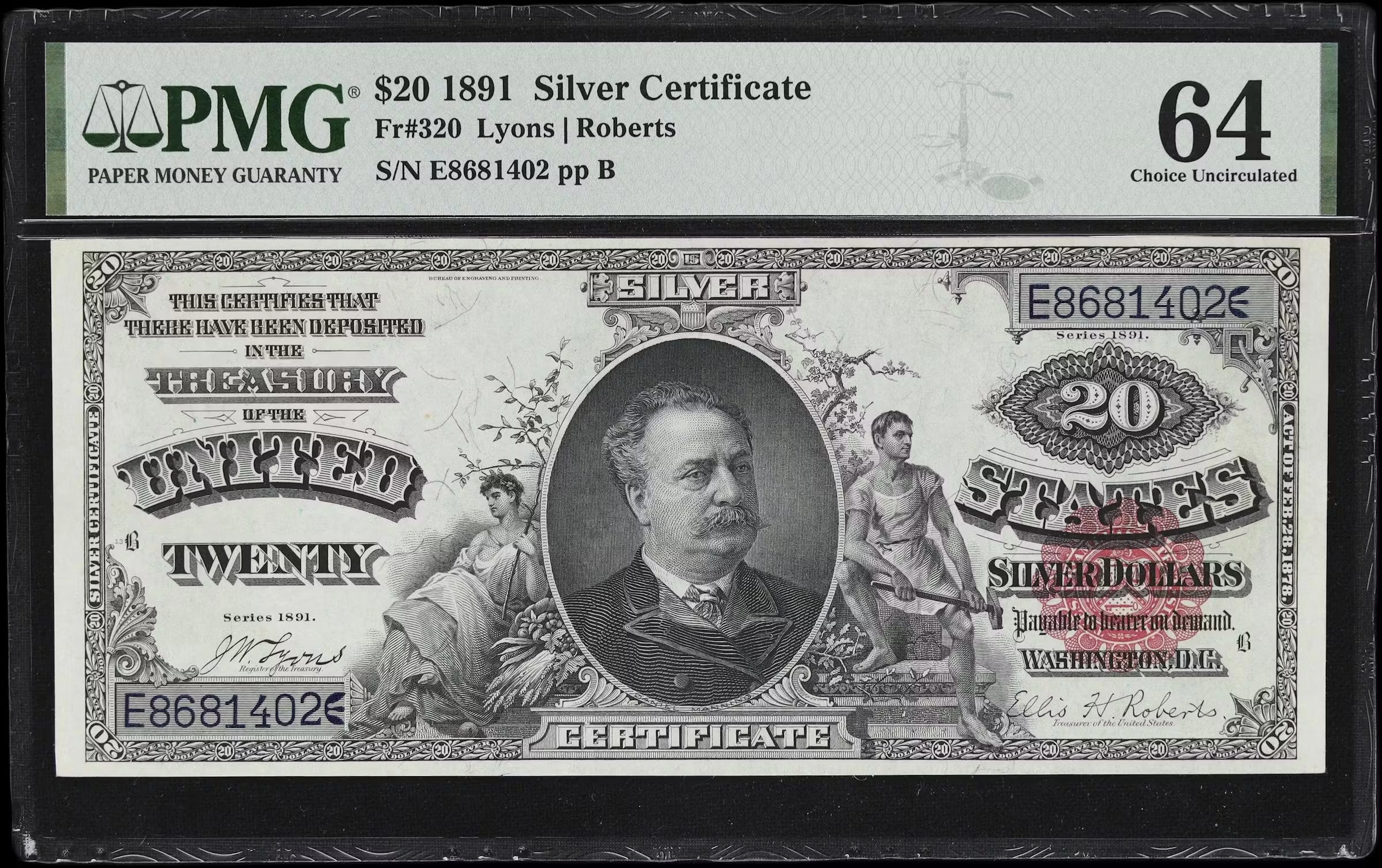 Fr. 320. 1891 $20 Silver Certificate. PMG Banknote Choice Uncirculated 64.
