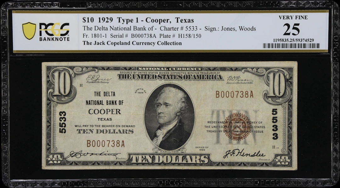 Cooper, Texas. $10 1929 Ty. 1. Fr. 1801-1. Delta NB. Charter #5533.