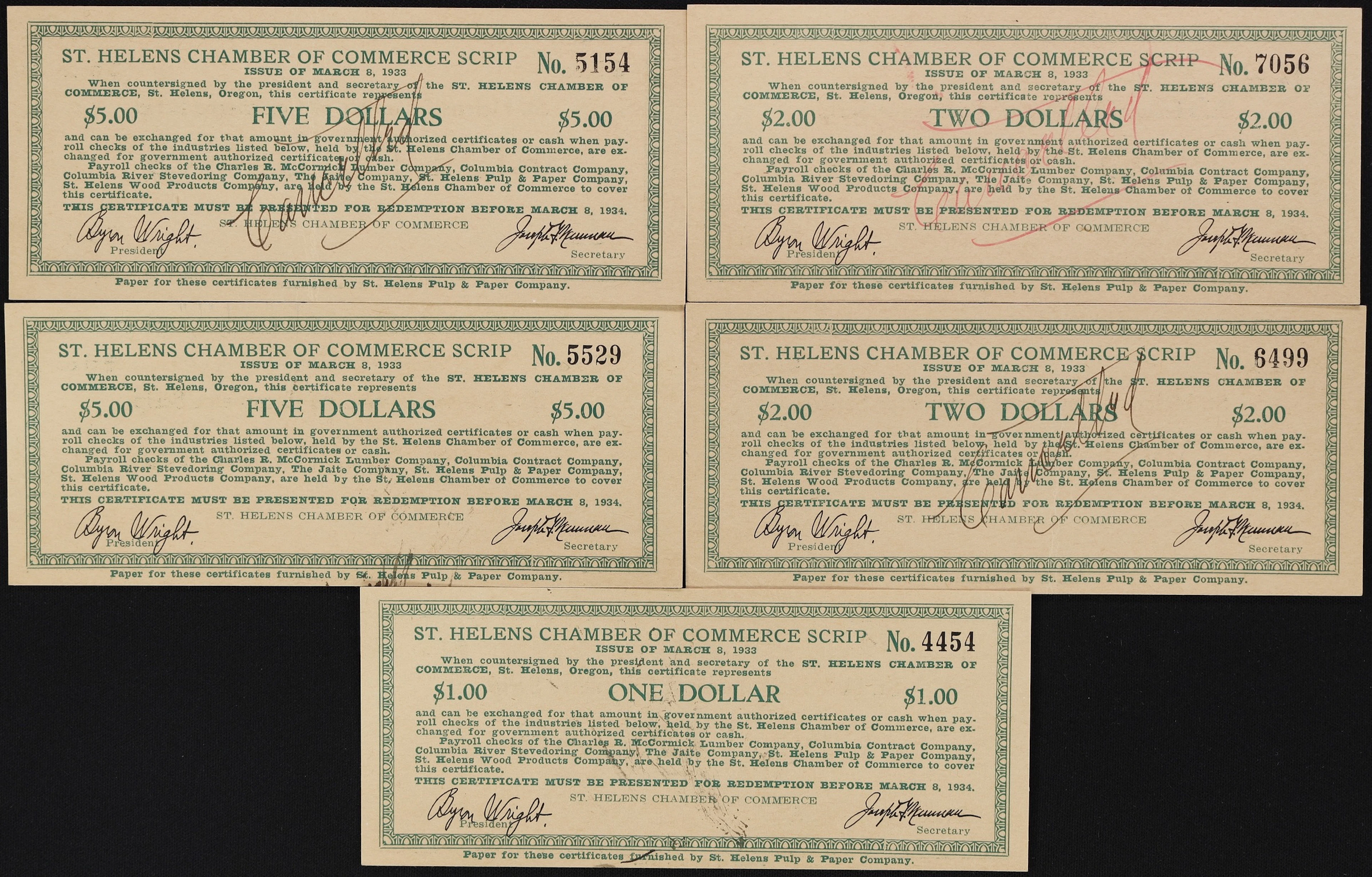 Lot of (5) St. Helens, Oregon. St. Helens Chamber of Commerce. 1930s