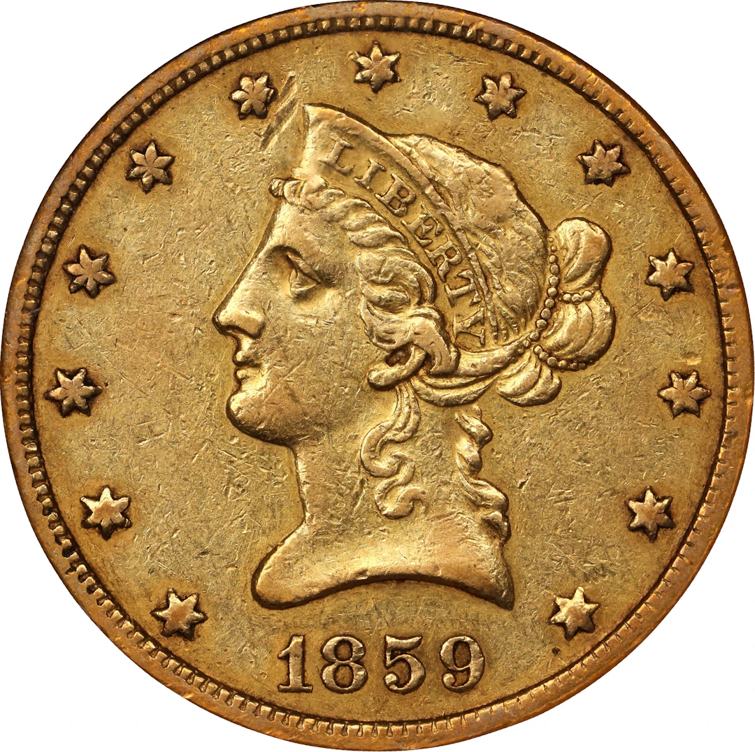 1859-O Liberty Head Eagle. Winter-1. AU-55 (NGC).