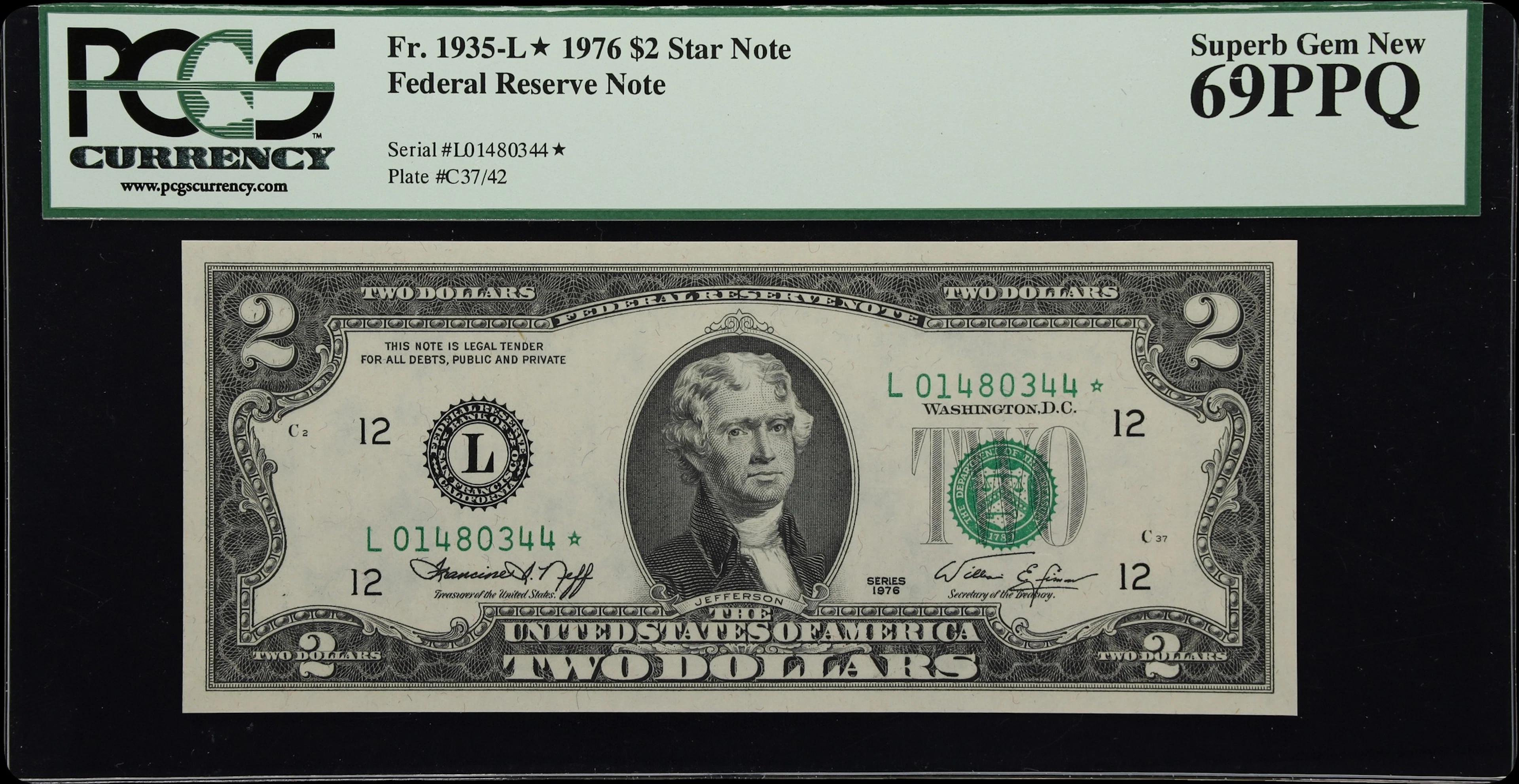 Fr. 1935-L*. 1976 $2 Federal Reserve Star Note. San Francisco. PCGS