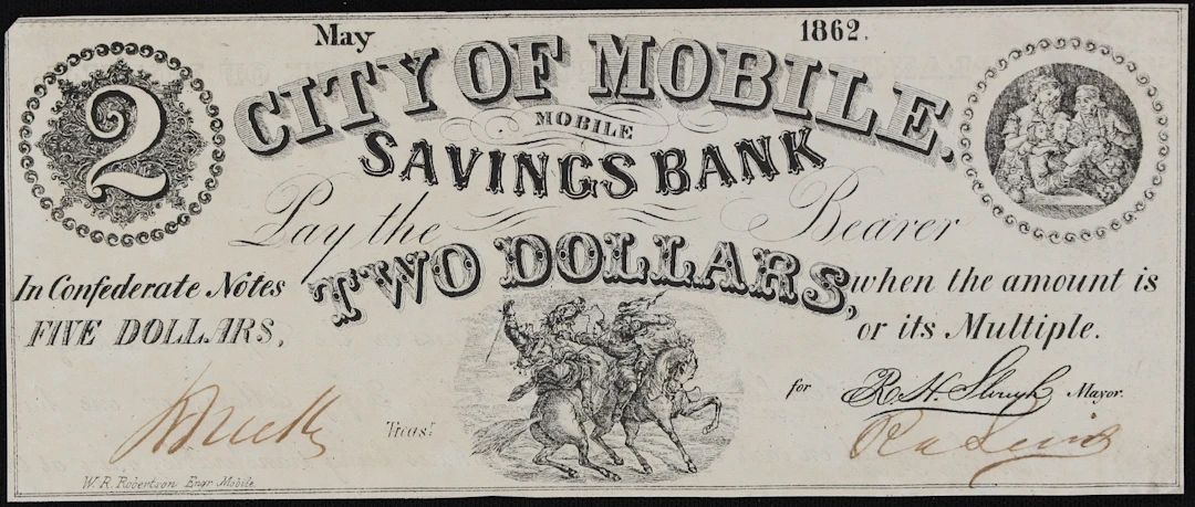 Mobile, Alabama. Mobile Savings Bank. 1862 $2. Choice Uncirculated.