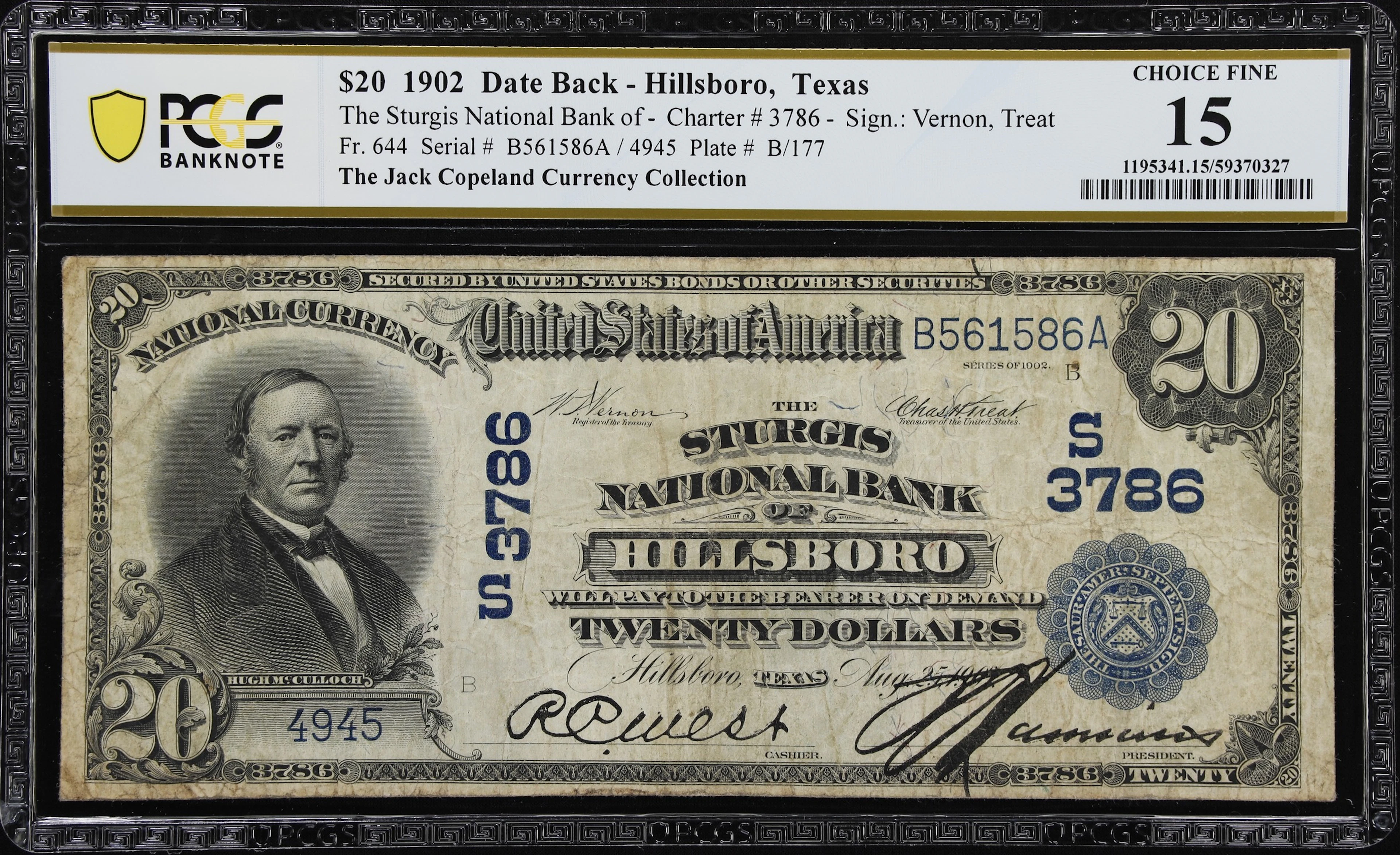 Hillsboro, Texas. $20 1902 Date Back. Fr. 644. Sturgis NB. Charter
