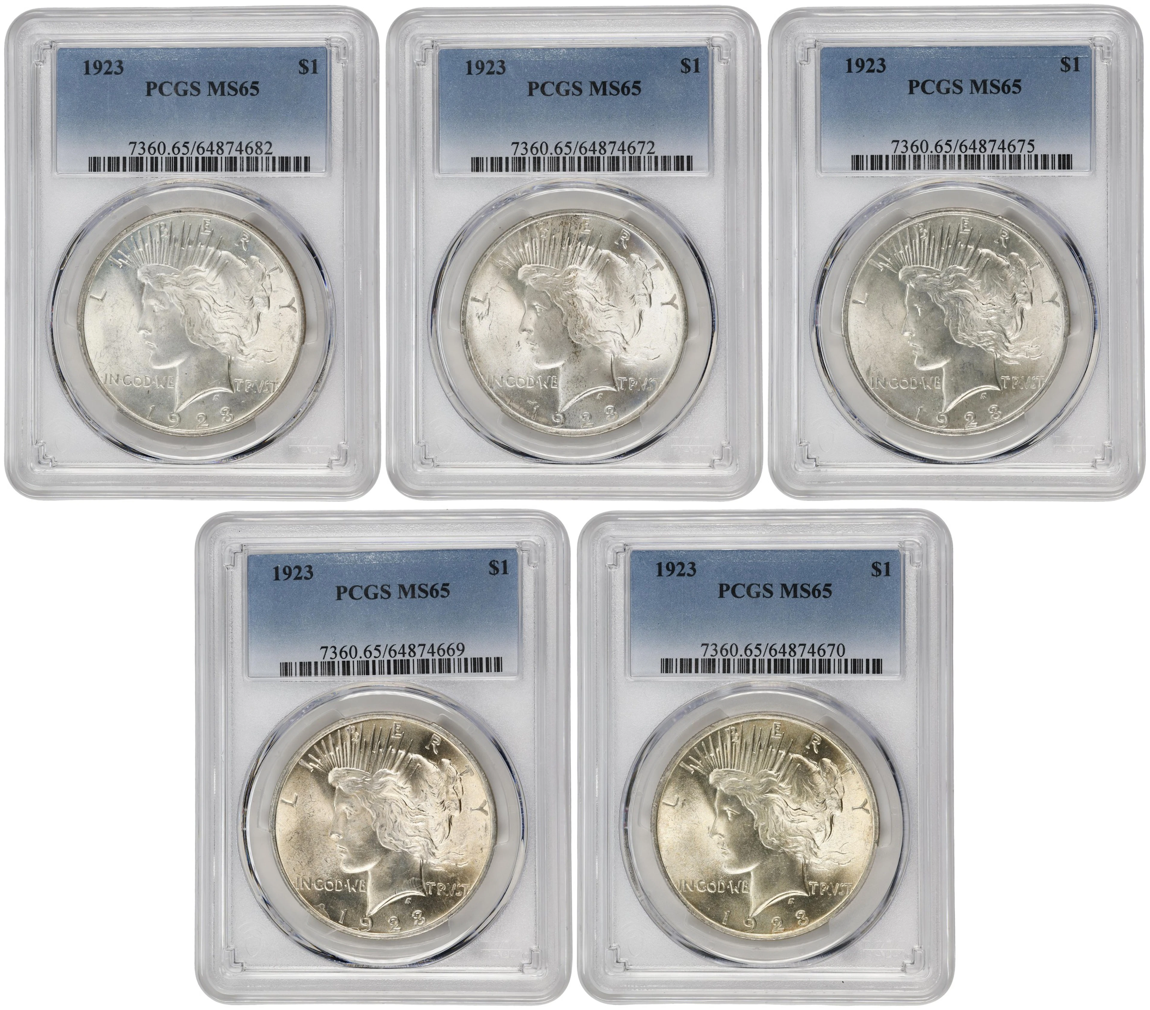 Lot of (5) 1923 Peace Silver Dollars. MS-65 (PCGS).