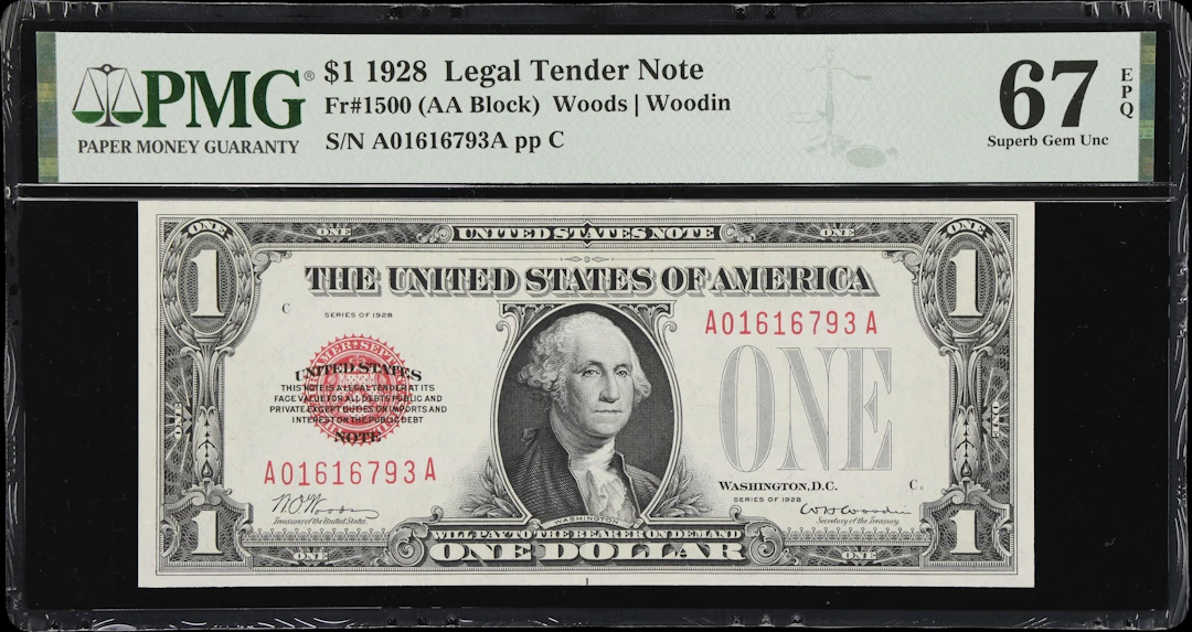 Fr. 1500. 1928 $1 Legal Tender Note. PMG Superb Gem Uncirculated 67 EPQ.