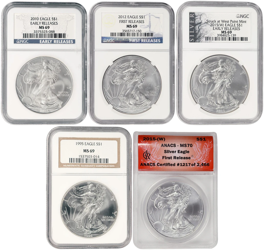 (5 oz, 155.52 g ASW). Lot of (5) Mixed Date American Silver Eagles.