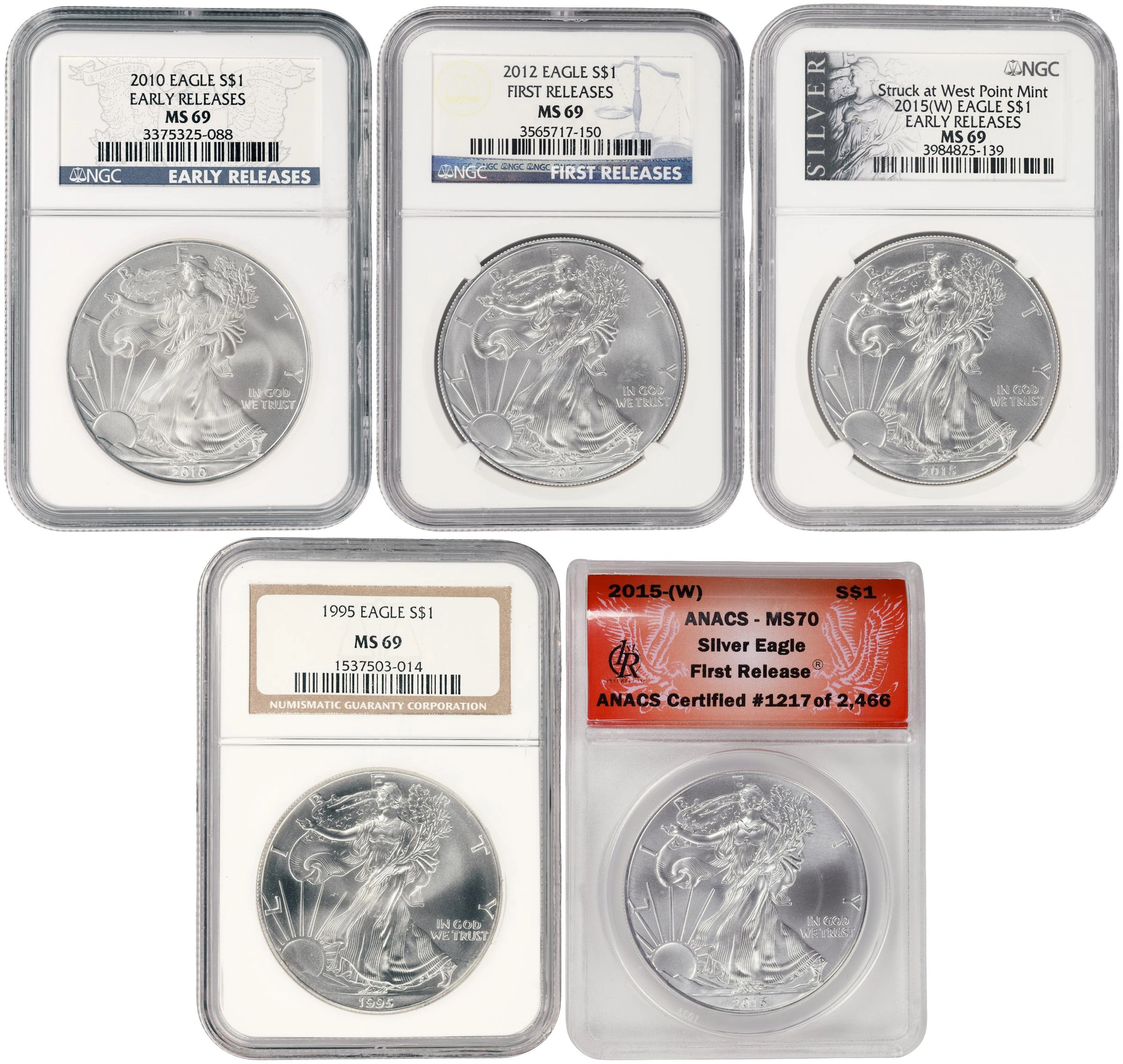 (5 oz, 155.52 g ASW). Lot of (5) Mixed Date American Silver Eagles.