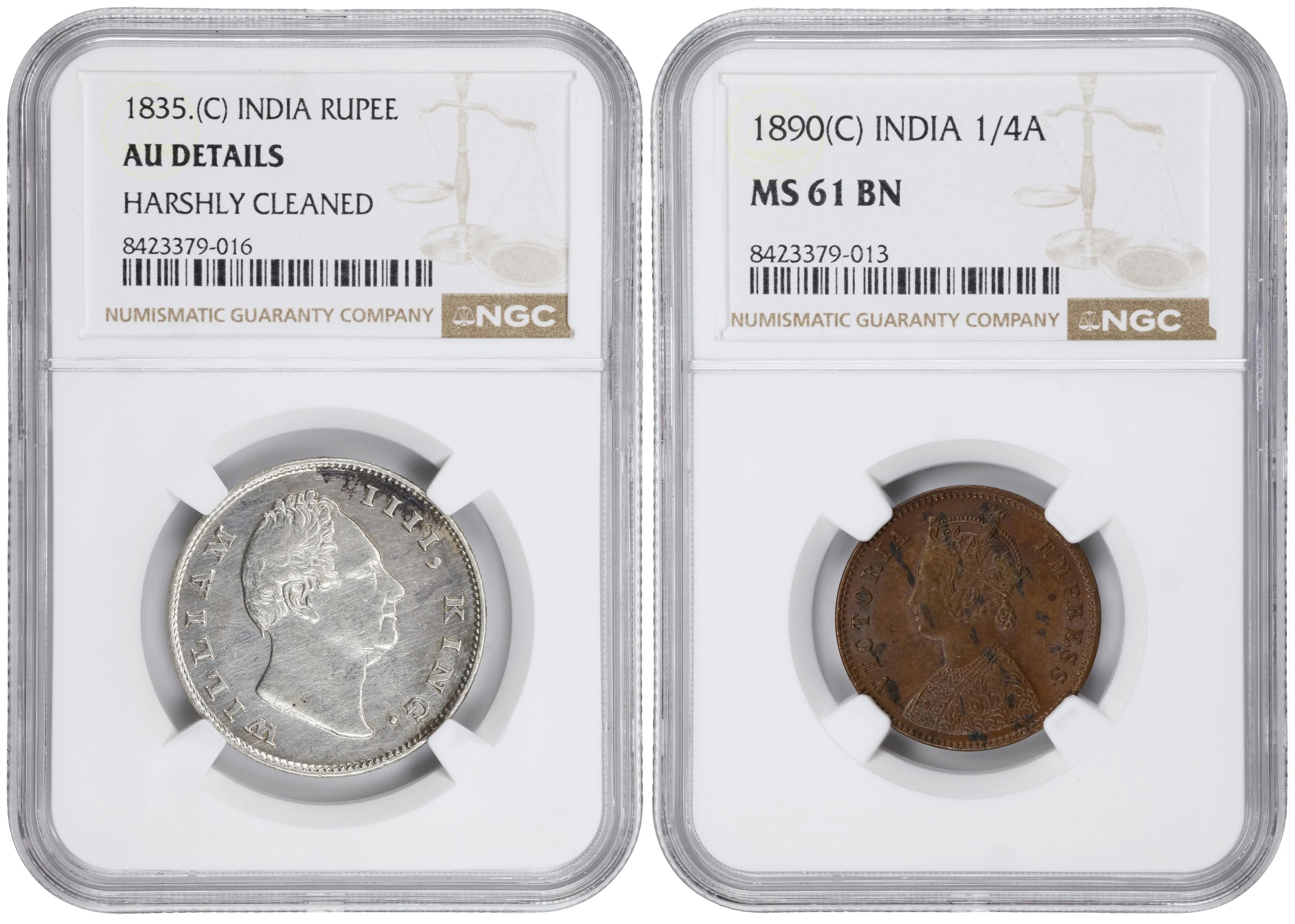 INDIA. Duo of Mixed Denominations (2 Pieces), 1835 & 1890. Calcutta