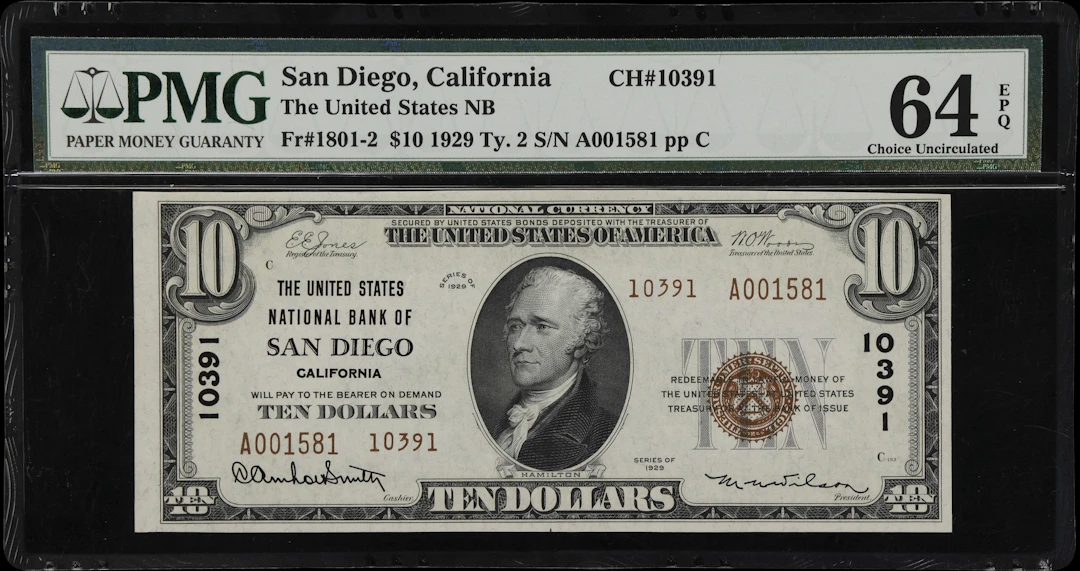 San Diego, California. $10 1929 Ty. 2. Fr. 1801-2. United States NB.
