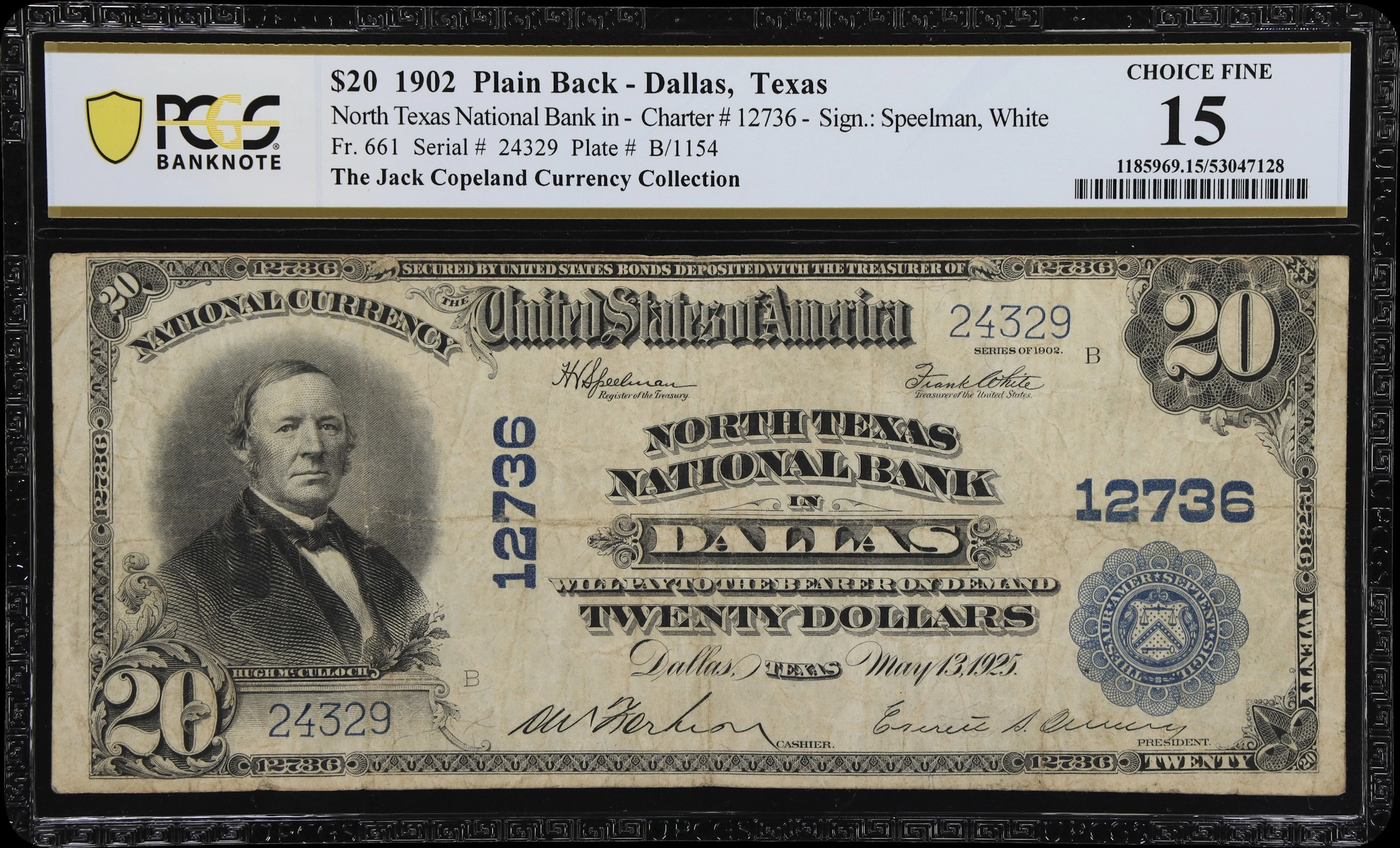 Dallas, Texas. $20 1902 Plain Back. Fr. 661. North Texas NB. Charter