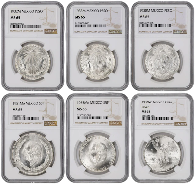 MEXICO. Sextet of Silver Denominations (6 Pieces), 1932-82. Mexico