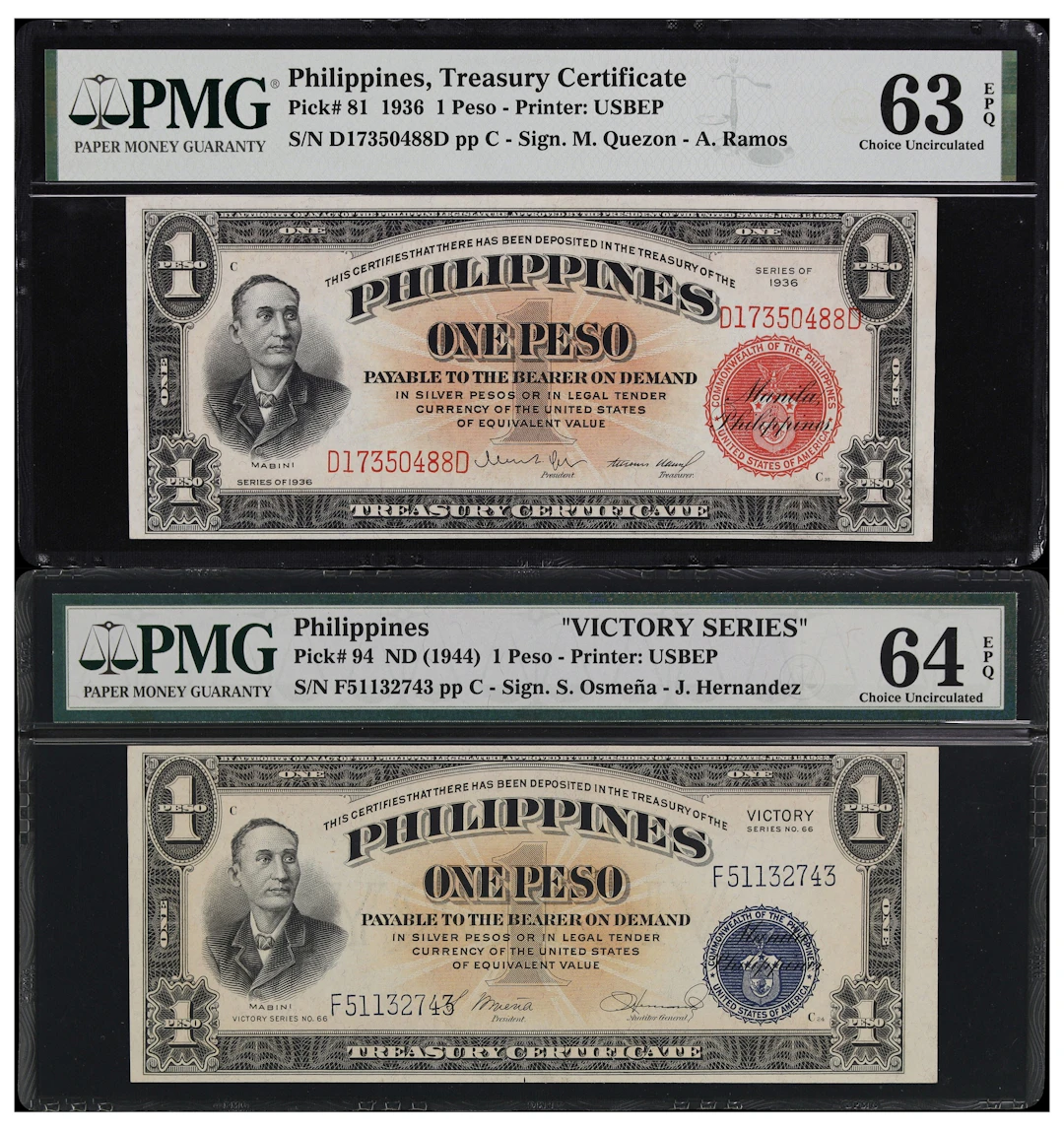 PHILIPPINES. Lot of (2). Treasury of the Philippines. 1 Peso, 1936