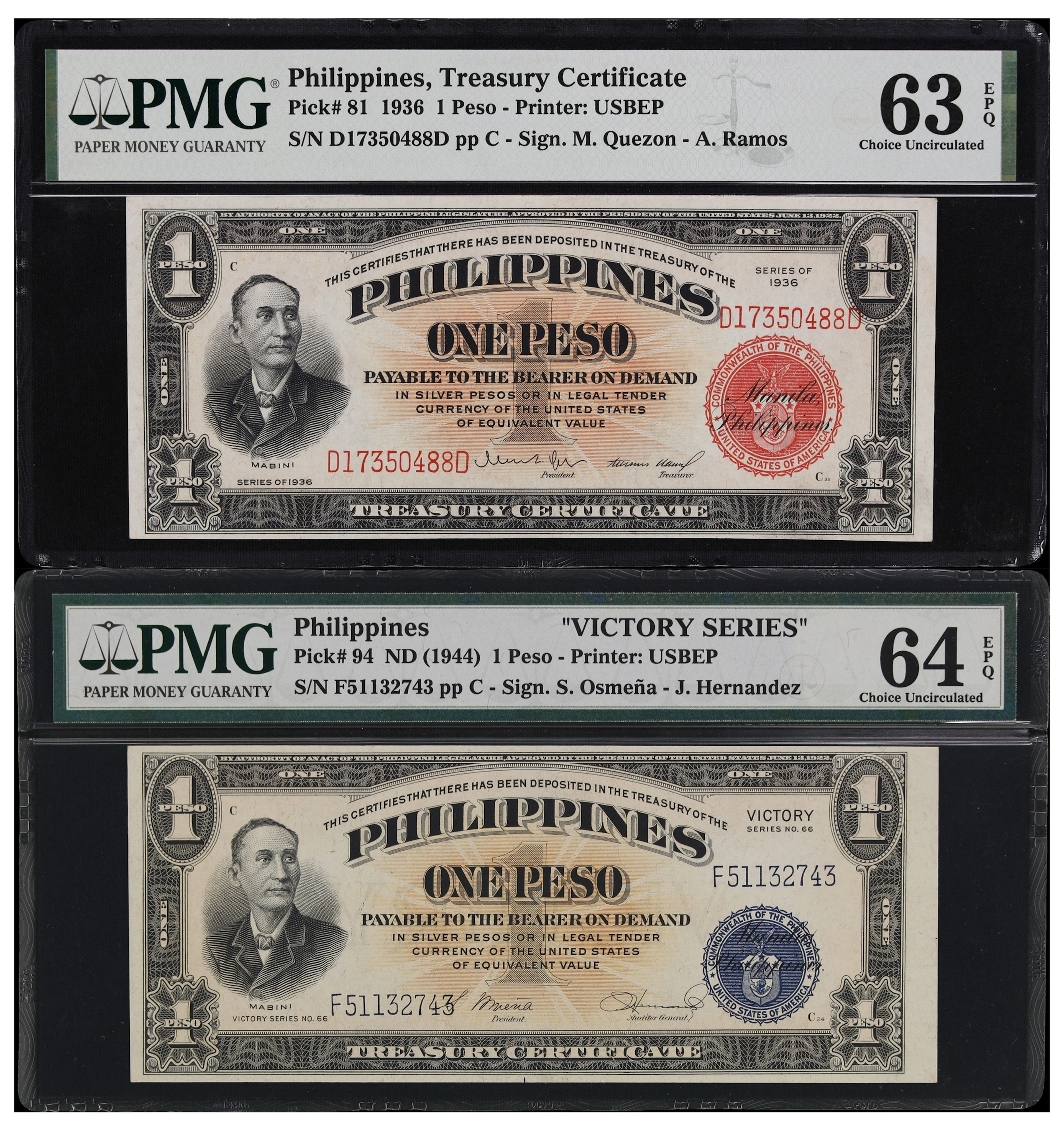 PHILIPPINES. Lot of (2). Treasury of the Philippines. 1 Peso, 1936
