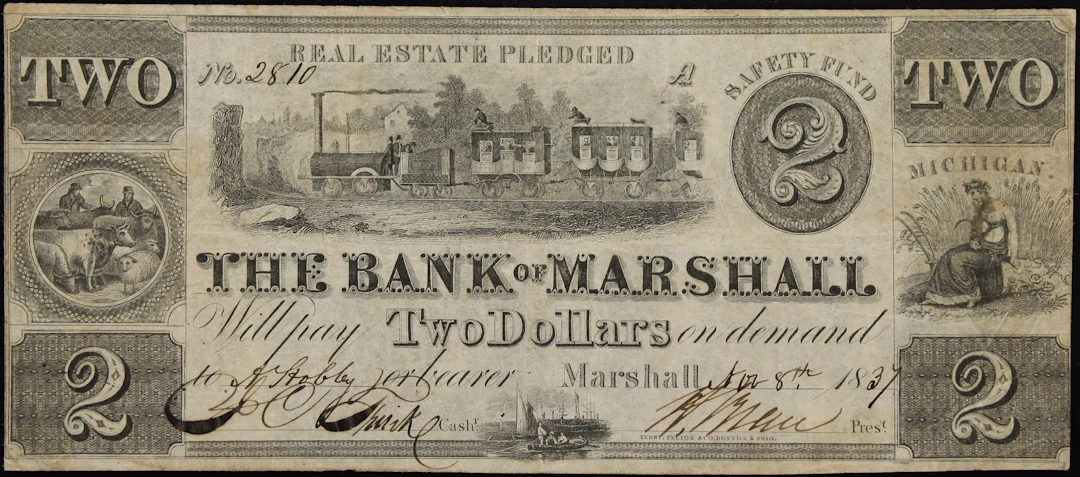 Marshall, Michigan. Bank of Marshall. 1837 $2. Very Fine.