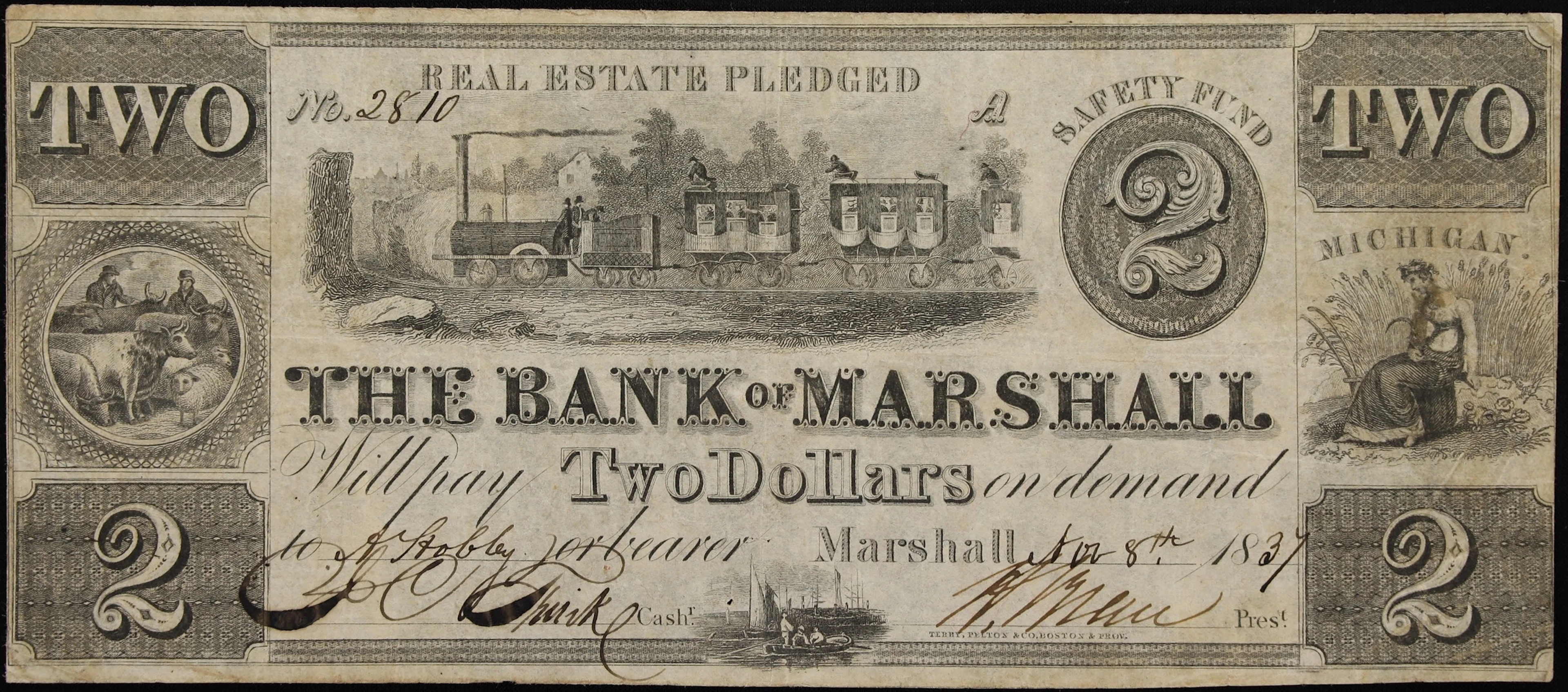 Marshall, Michigan. Bank of Marshall. 1837 $2. Very Fine.