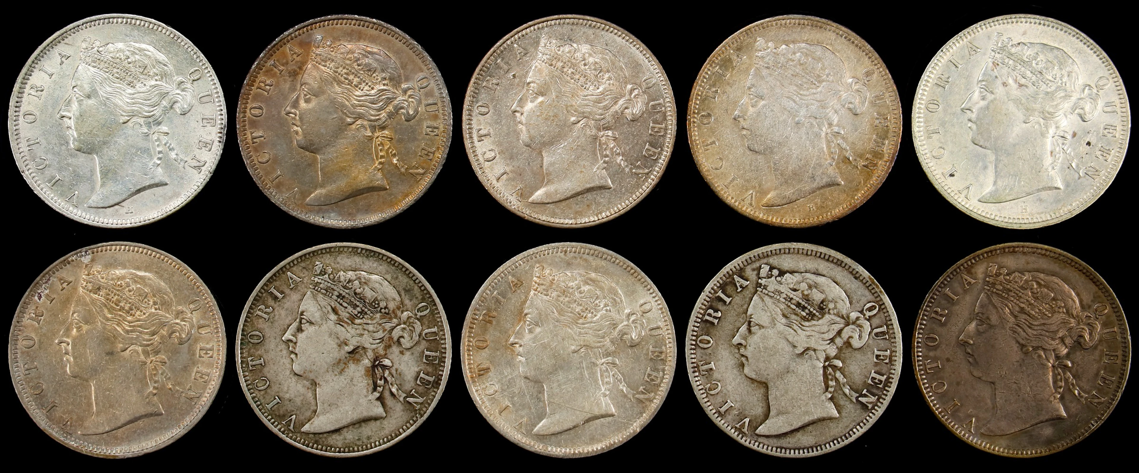 (t) HONG KONG (SAR). Group of 20 Cents (10 Pieces), 1889-96. Victoria.