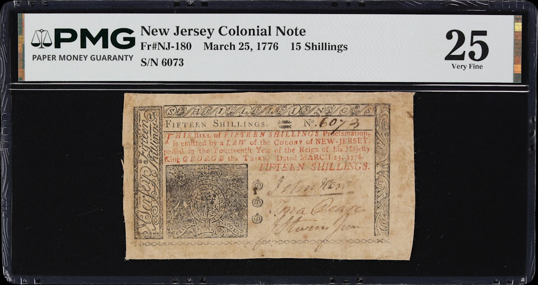 NJ-180. New Jersey. March 25, 1776. 15 Shillings. PMG Very Fine 25