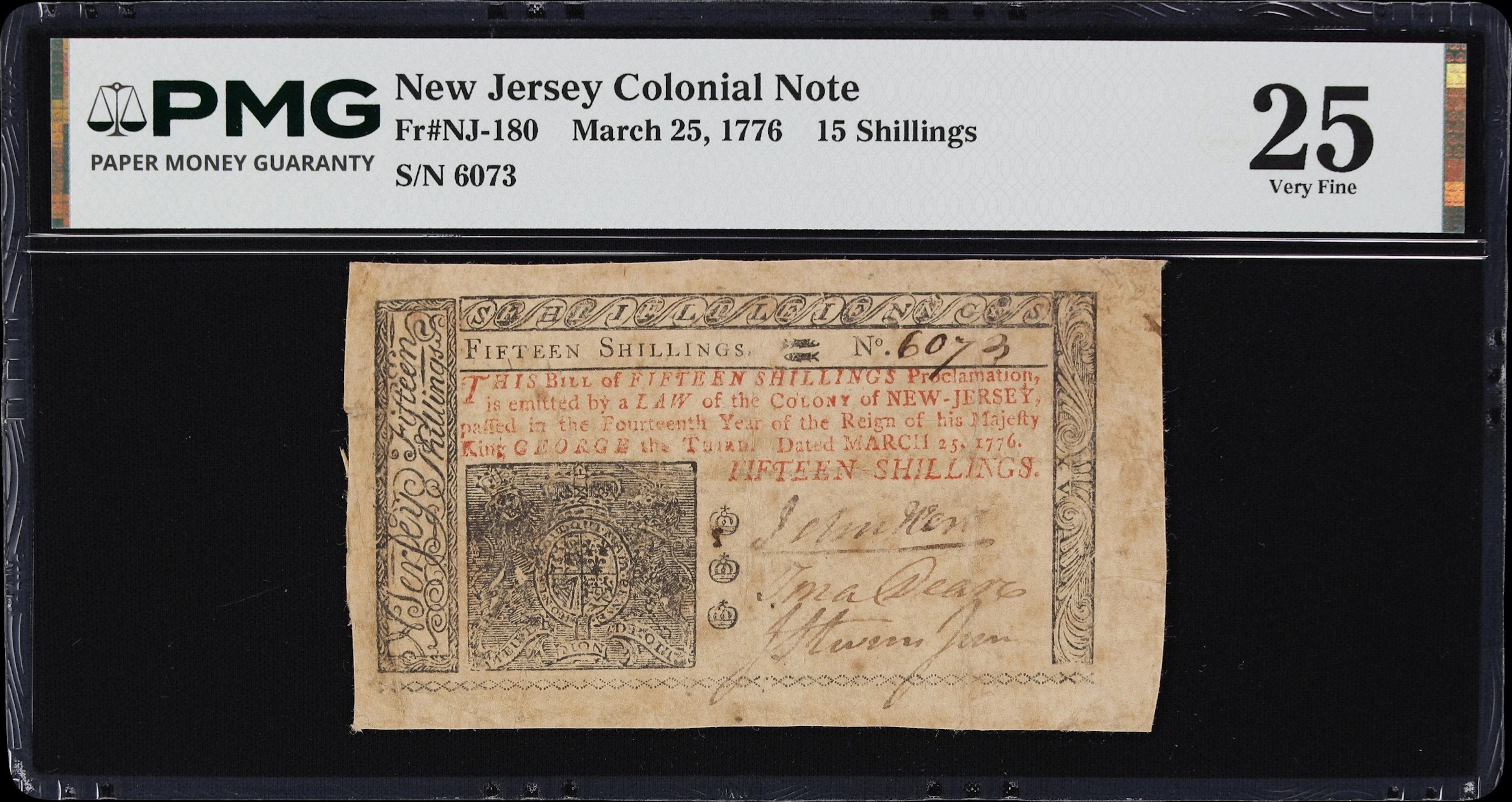NJ-180. New Jersey. March 25, 1776. 15 Shillings. PMG Very Fine 25