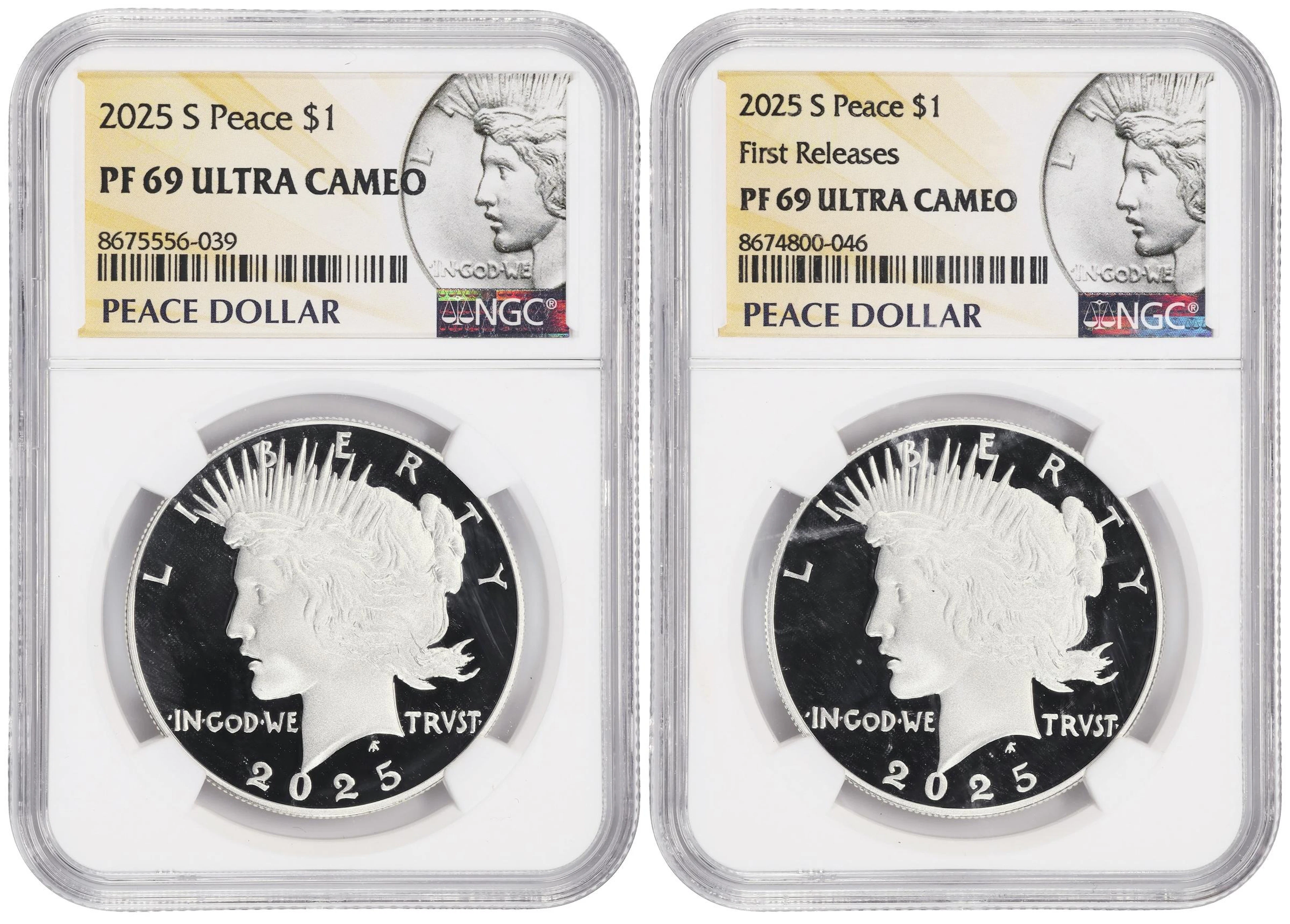 (1.718 oz, 53.436 g ASW). Lot of (2) 2025-S Peace Silver Dollars.