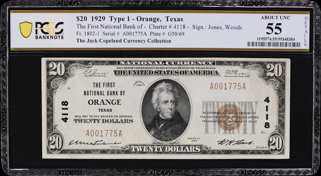 Orange, Texas. $20 1929 Ty. 1. Fr. 1802-1. First NB. Charter #4118.