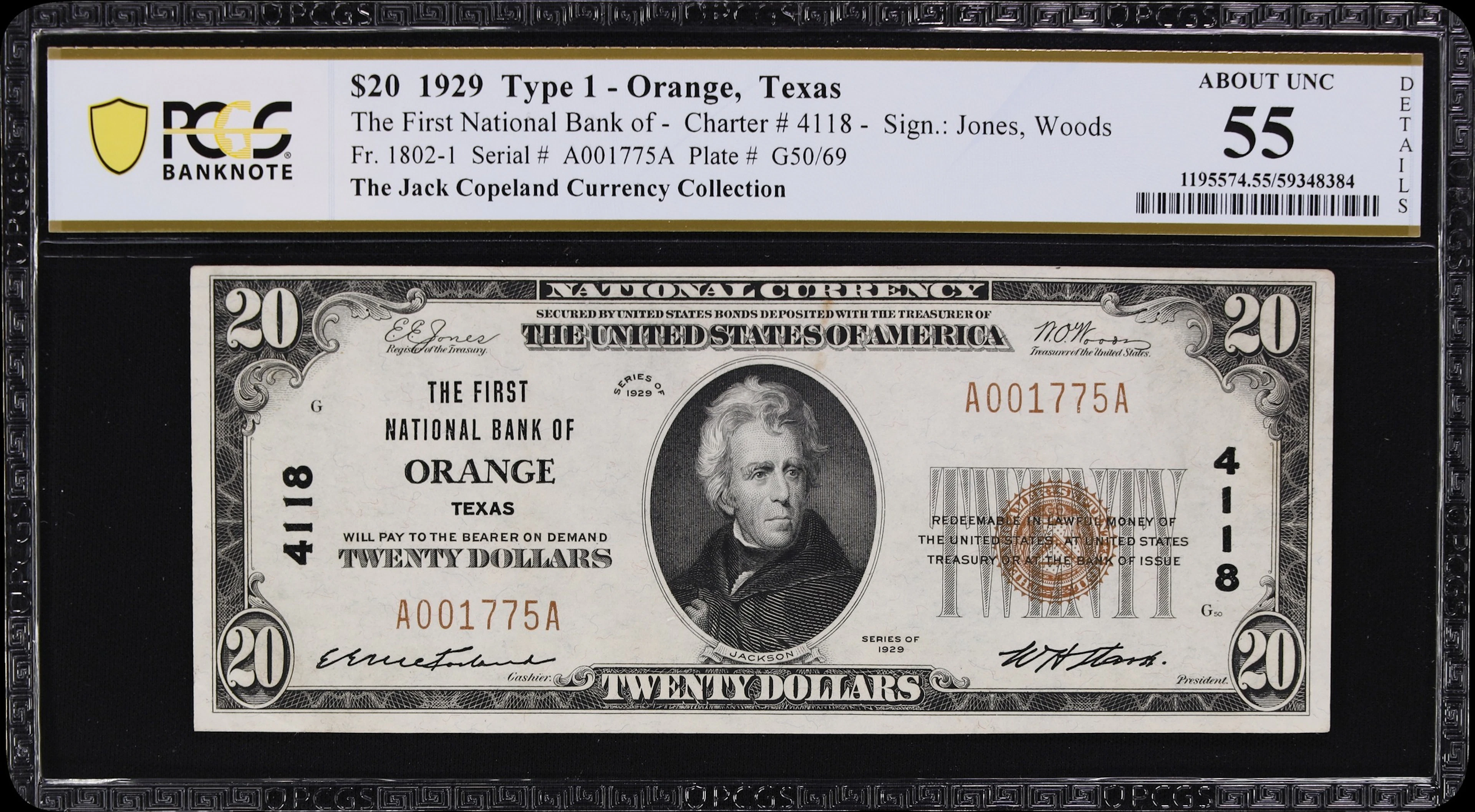 Orange, Texas. $20 1929 Ty. 1. Fr. 1802-1. First NB. Charter #4118.