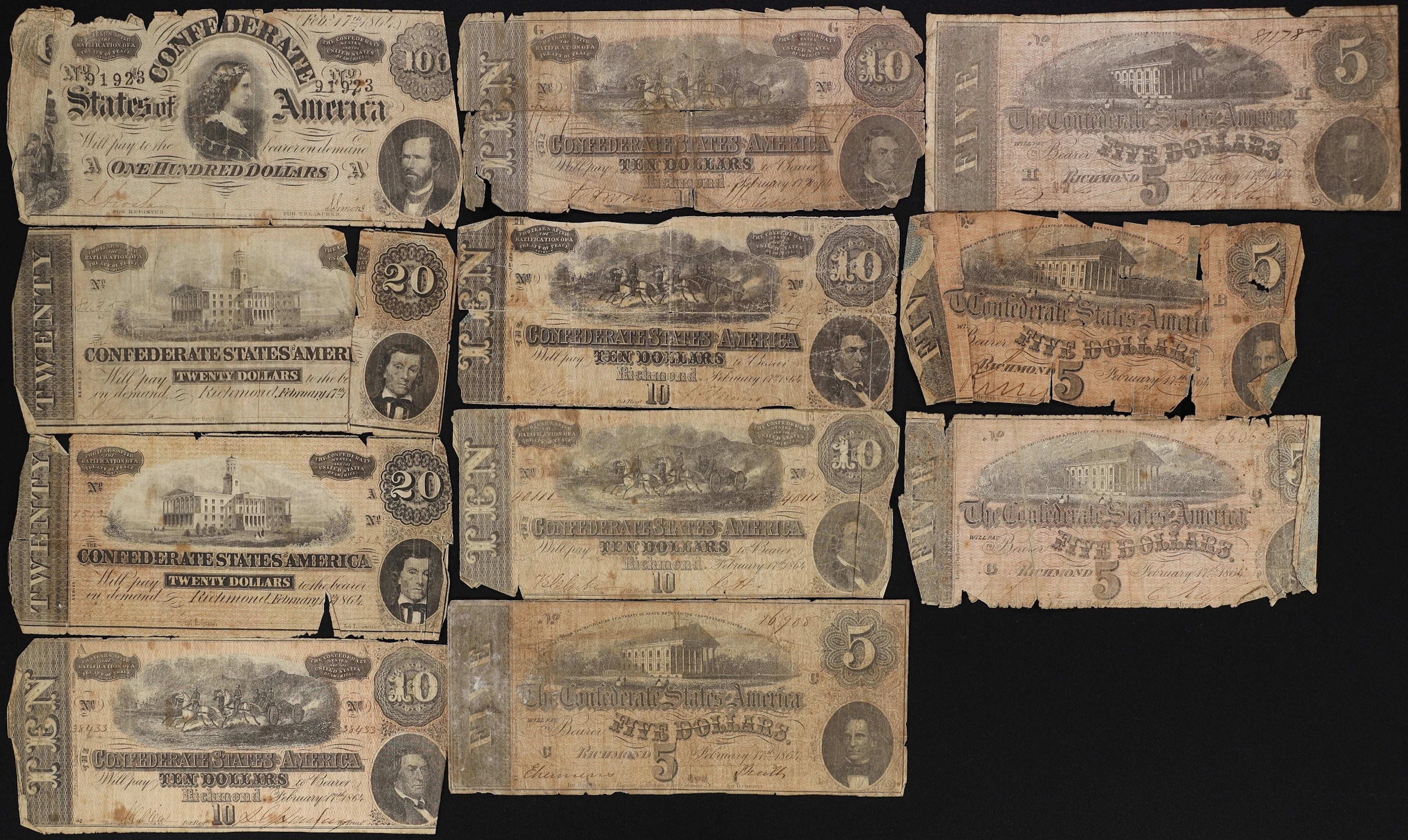 Lot of (11) T-65, T-67, T-68 & T-69. Confederate Currency. 1864 $5
