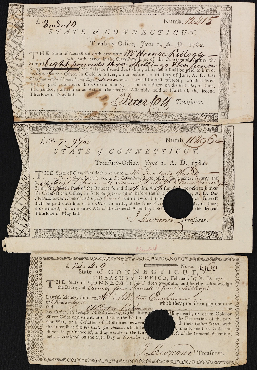 Lot of (3) Hartford, Connecticut. State of Connecticut. Treasury Warrants.