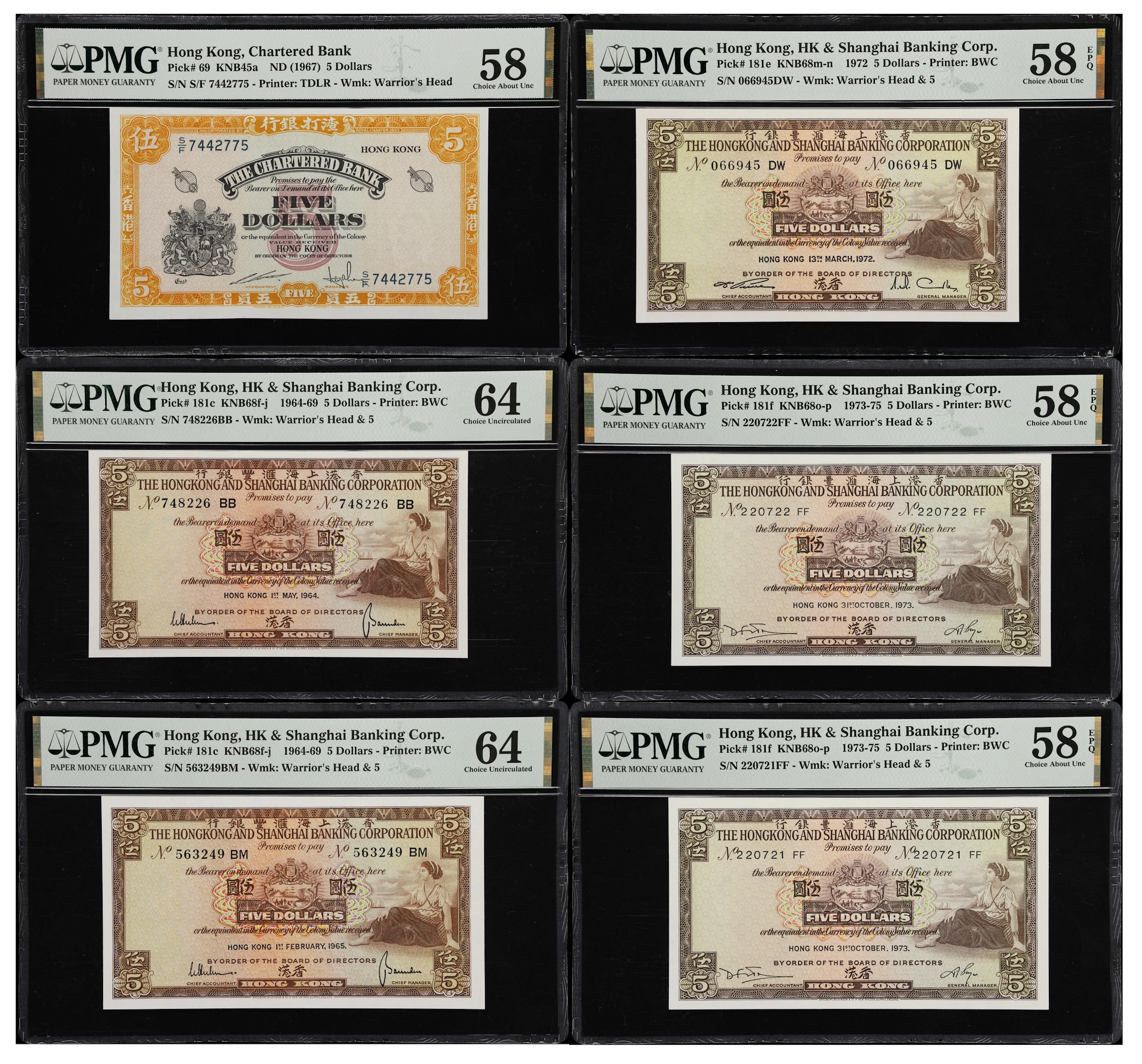 HONG KONG (SAR). Lot of (6). Chartered Bank and Hong Kong & Shanghai