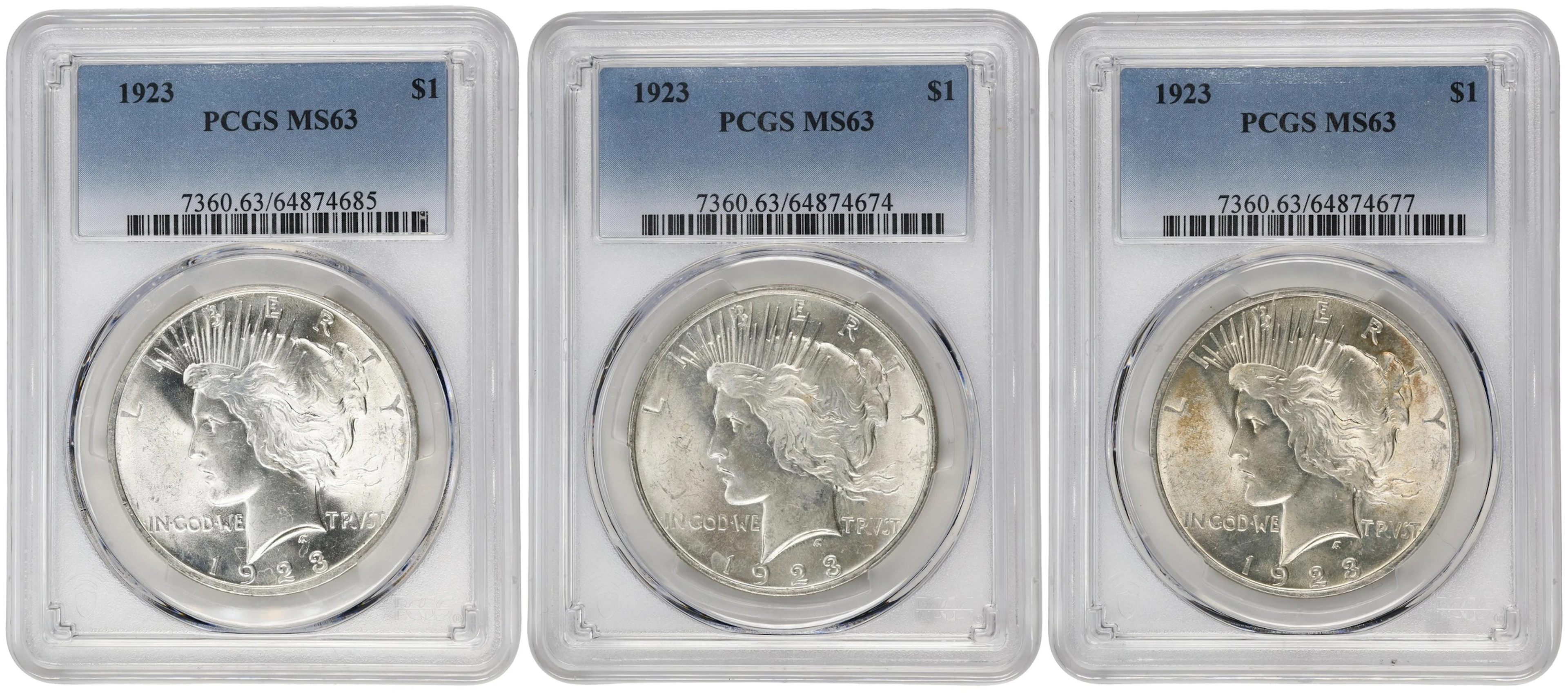 Lot of (3) 1923 Peace Silver Dollars. MS-63 (PCGS).