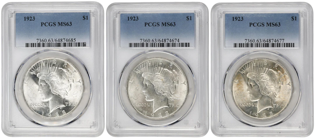 Lot of (3) 1923 Peace Silver Dollars. MS-63 (PCGS).