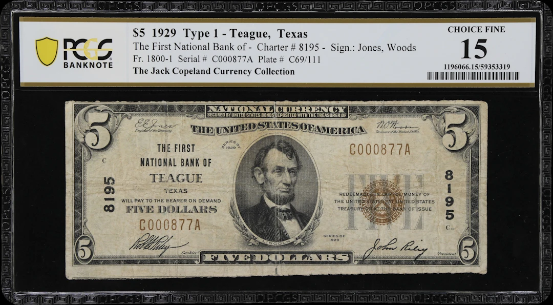 Teague, Texas. $5 1929 Ty. 1. Fr. 1800-1. First NB. Charter #8195.