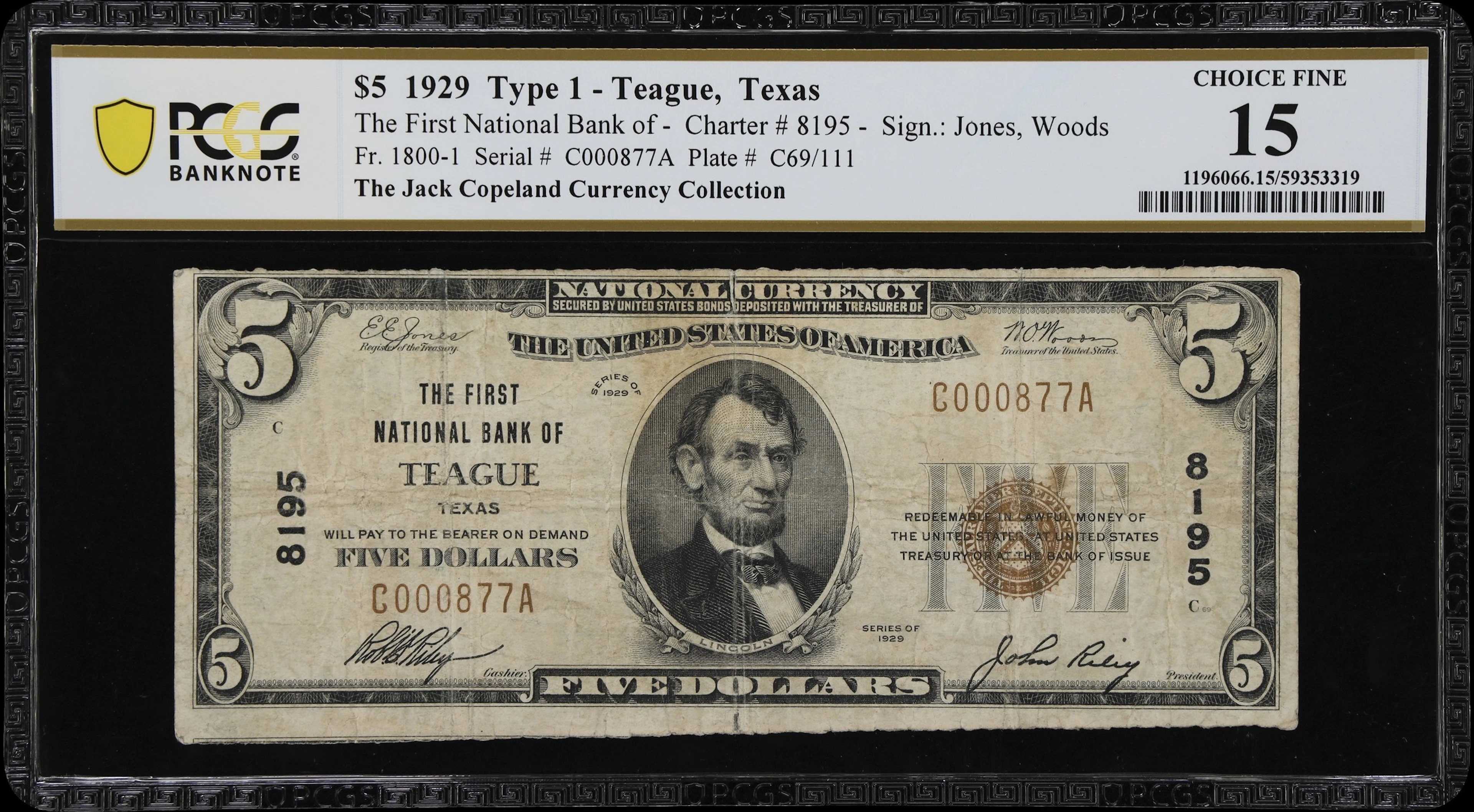Teague, Texas. $5 1929 Ty. 1. Fr. 1800-1. First NB. Charter #8195.