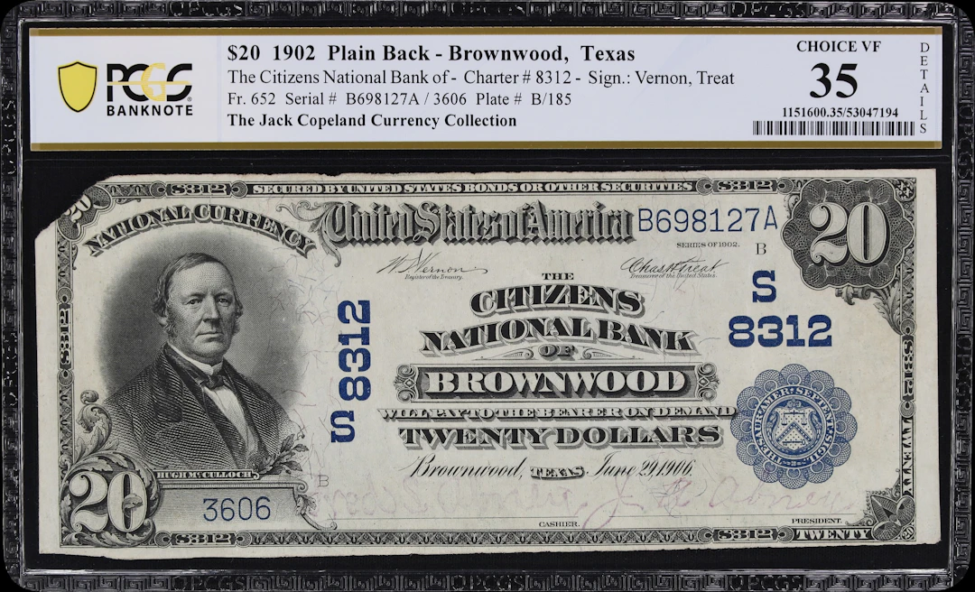 Brownwood, Texas. $20 1902 Plain Back. Fr. 652. Citizens NB. Charter