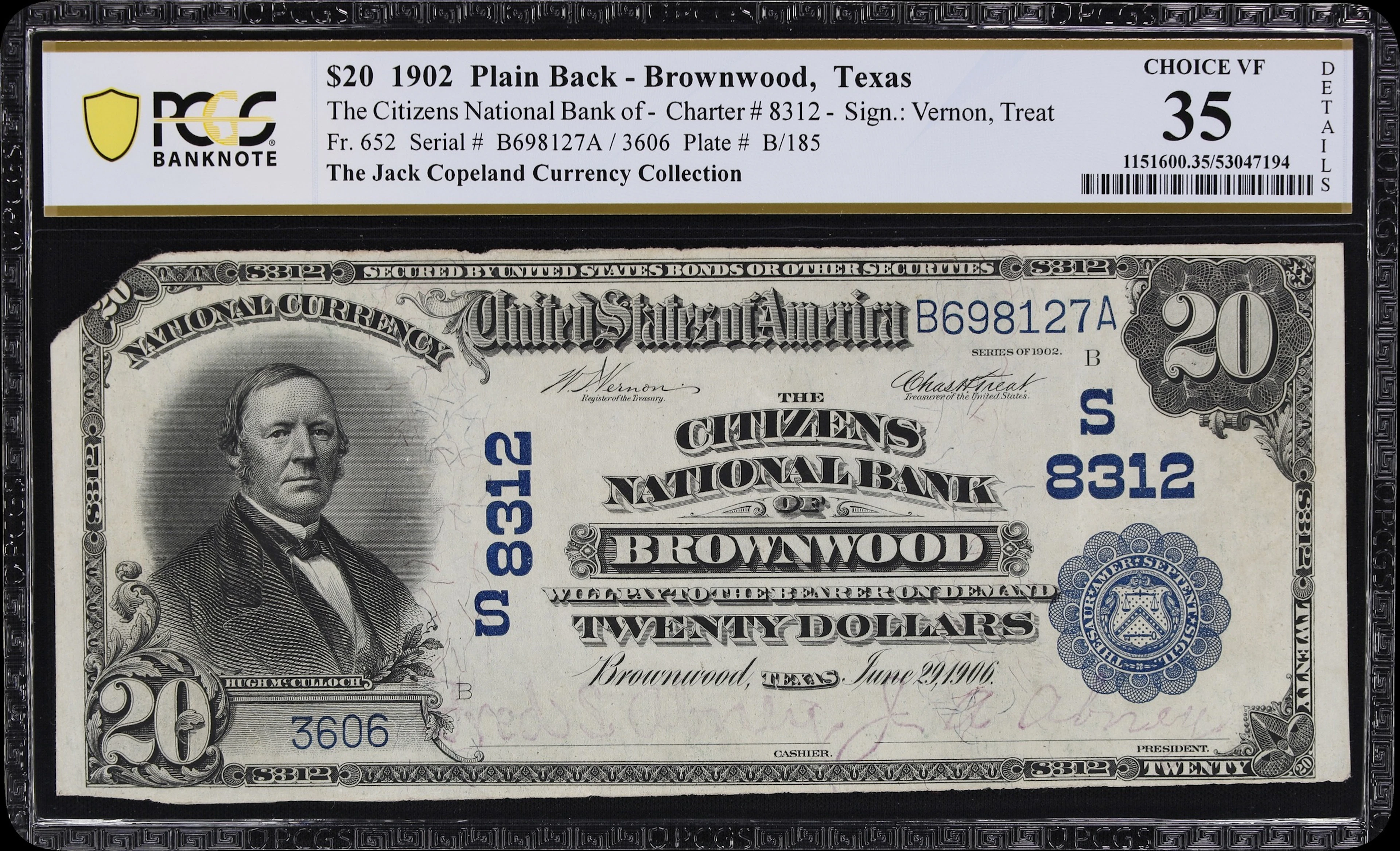 Brownwood, Texas. $20 1902 Plain Back. Fr. 652. Citizens NB. Charter