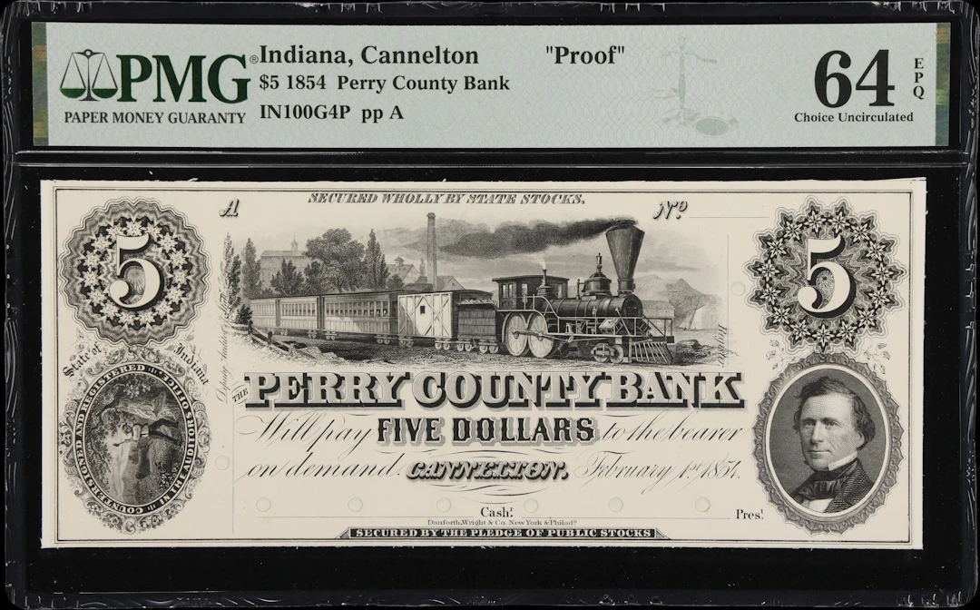Cannelton, Indiana. Perry County Bank. 1854 $5. PMG Choice Uncirculated