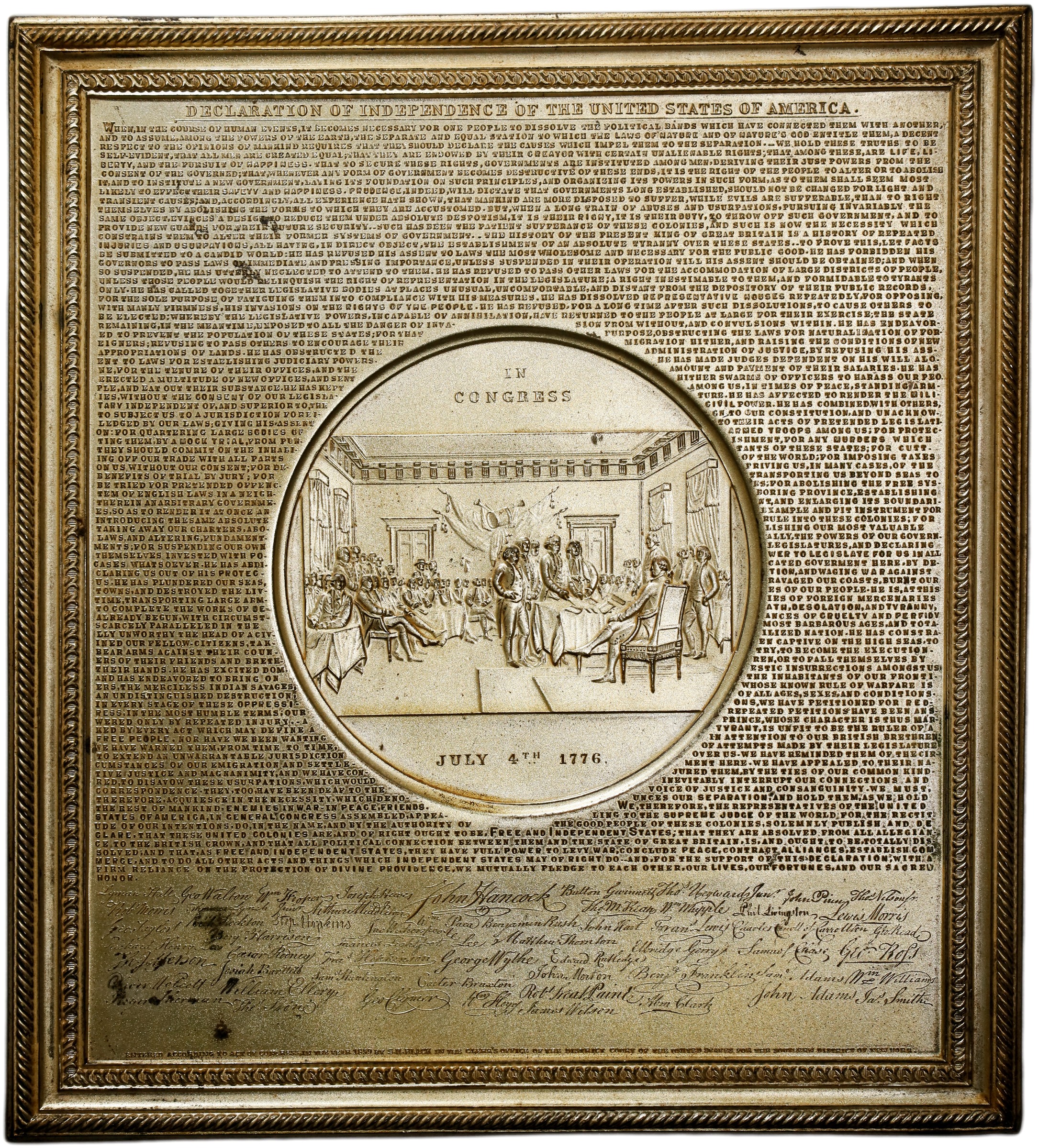 1859 Declaration of Independence Plaque. By Samuel H. Black of New