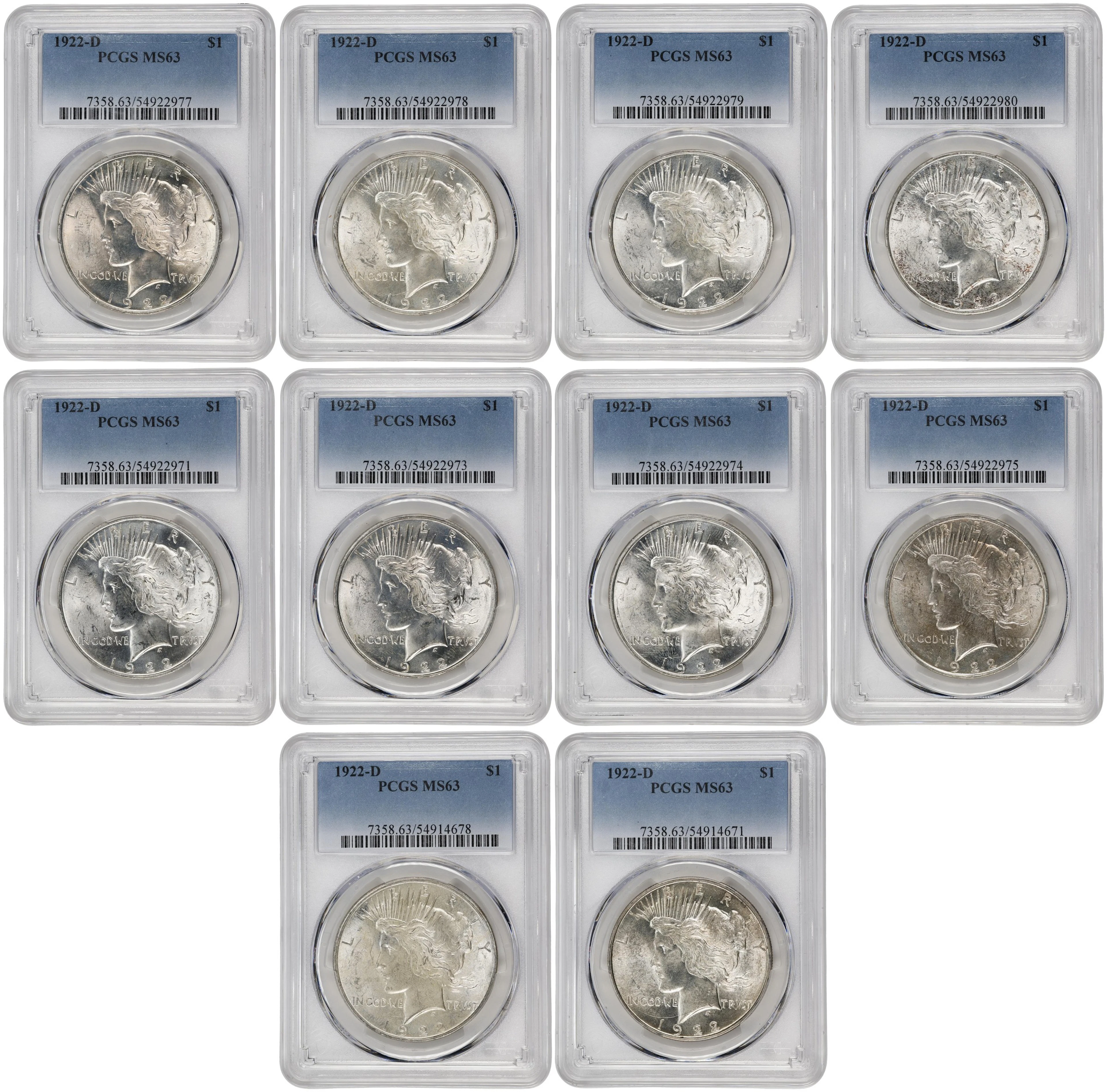 Lot of (20) 1922-D Peace Silver Dollars. MS-63 (PCGS).