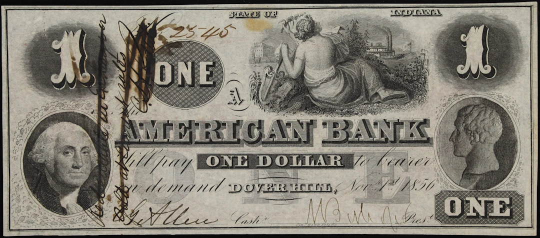 Dover Hill, Indiana. American Bank. 1856 $1. About Uncirculated.