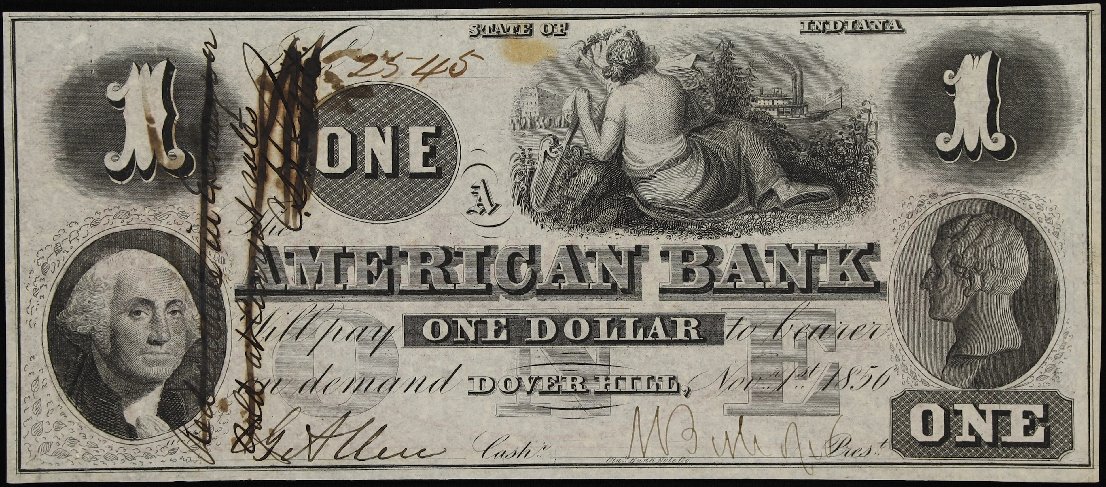 Dover Hill, Indiana. American Bank. 1856 $1. About Uncirculated.