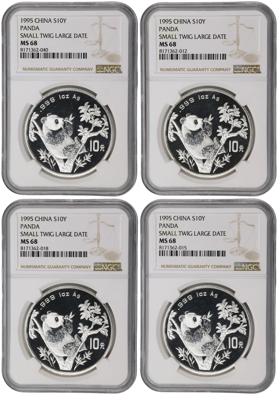 (t) CHINA. Quartet of Silver 10 Yuan (4 Pieces), 1995. Panda Series.
