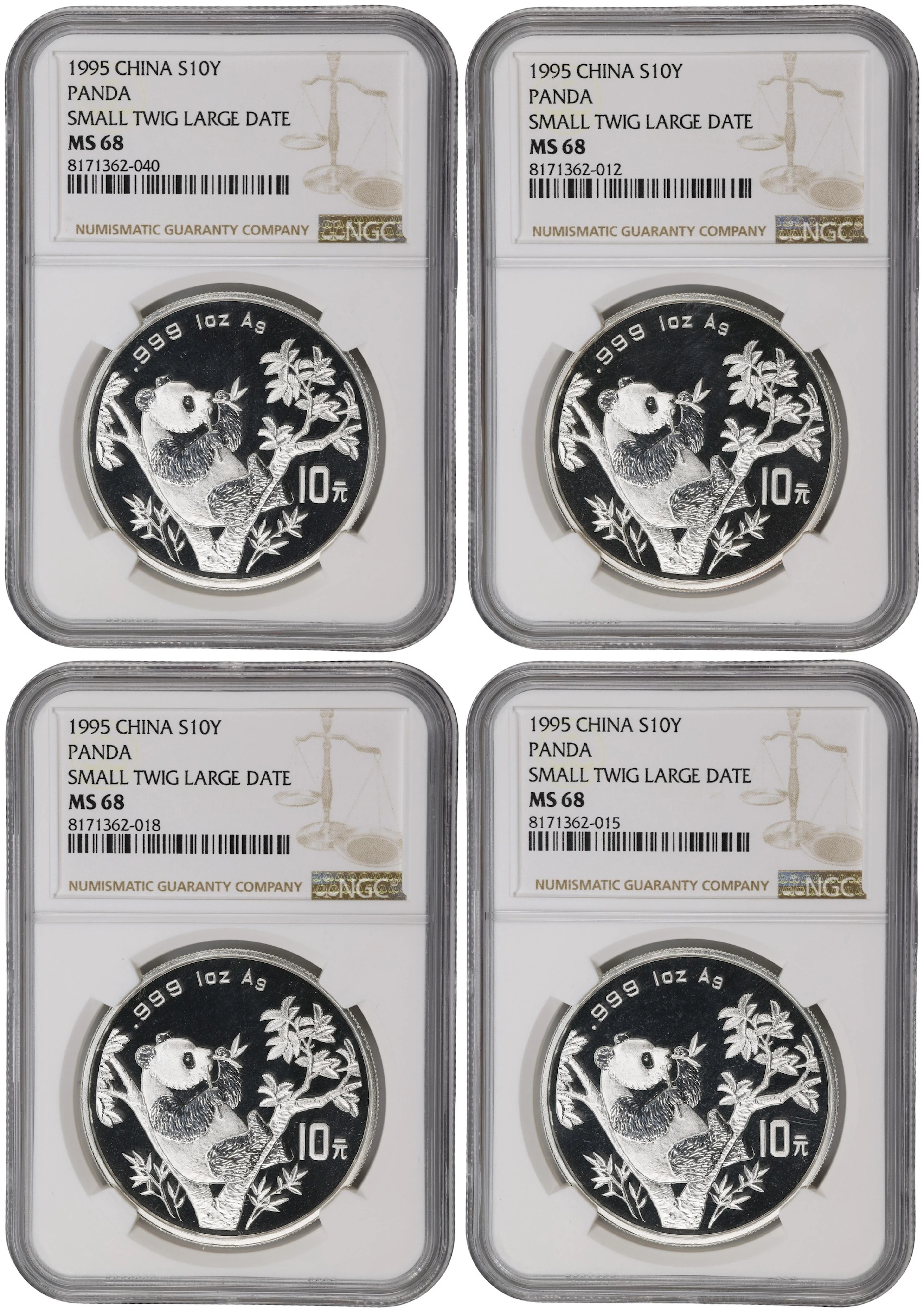(t) CHINA. Quartet of Silver 10 Yuan (4 Pieces), 1995. Panda Series.