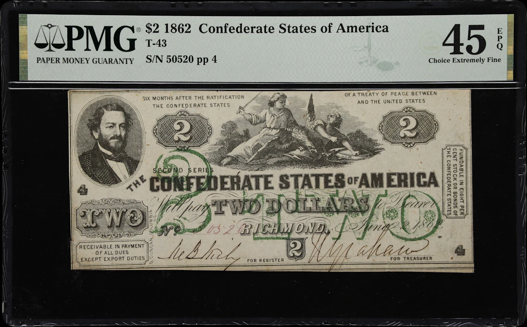 T-43. Confederate Currency. 1862 $2. PMG Choice Extremely Fine 45 EPQ.
