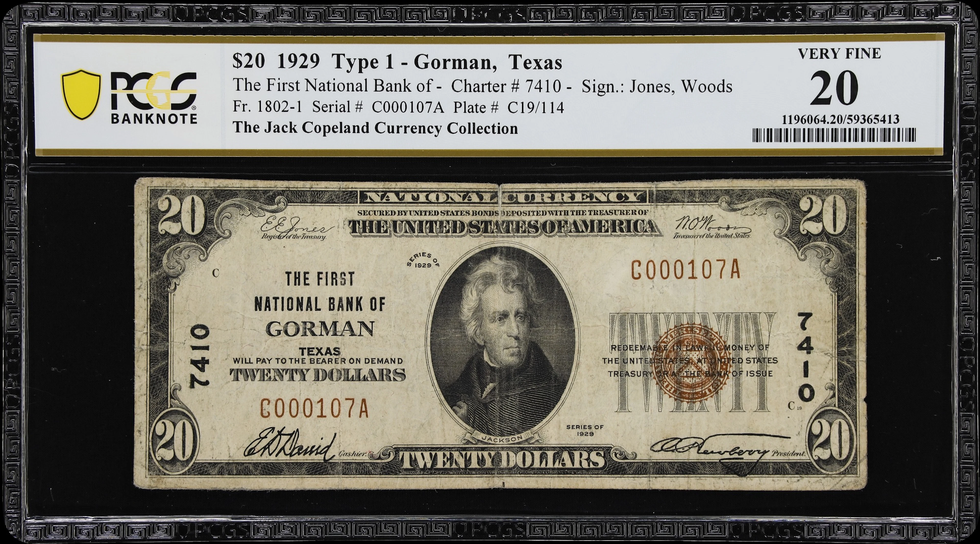Gorman, Texas. $20 1929 Ty. 1. Fr. 1802-1. First NB. Charter #7410.