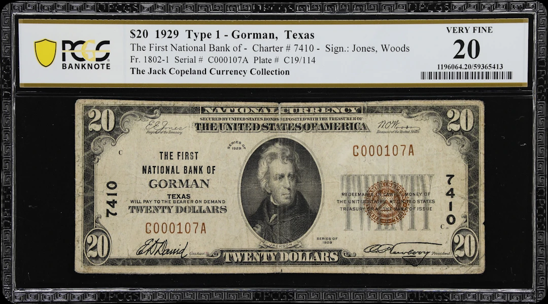 Gorman, Texas. $20 1929 Ty. 1. Fr. 1802-1. First NB. Charter #7410.