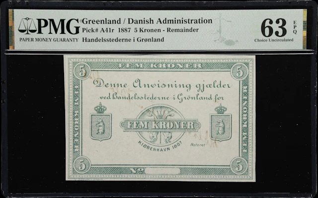(◊) GREENLAND. Handelsstederne i Gronland. 5 Kronen, 1887. P-A41r.