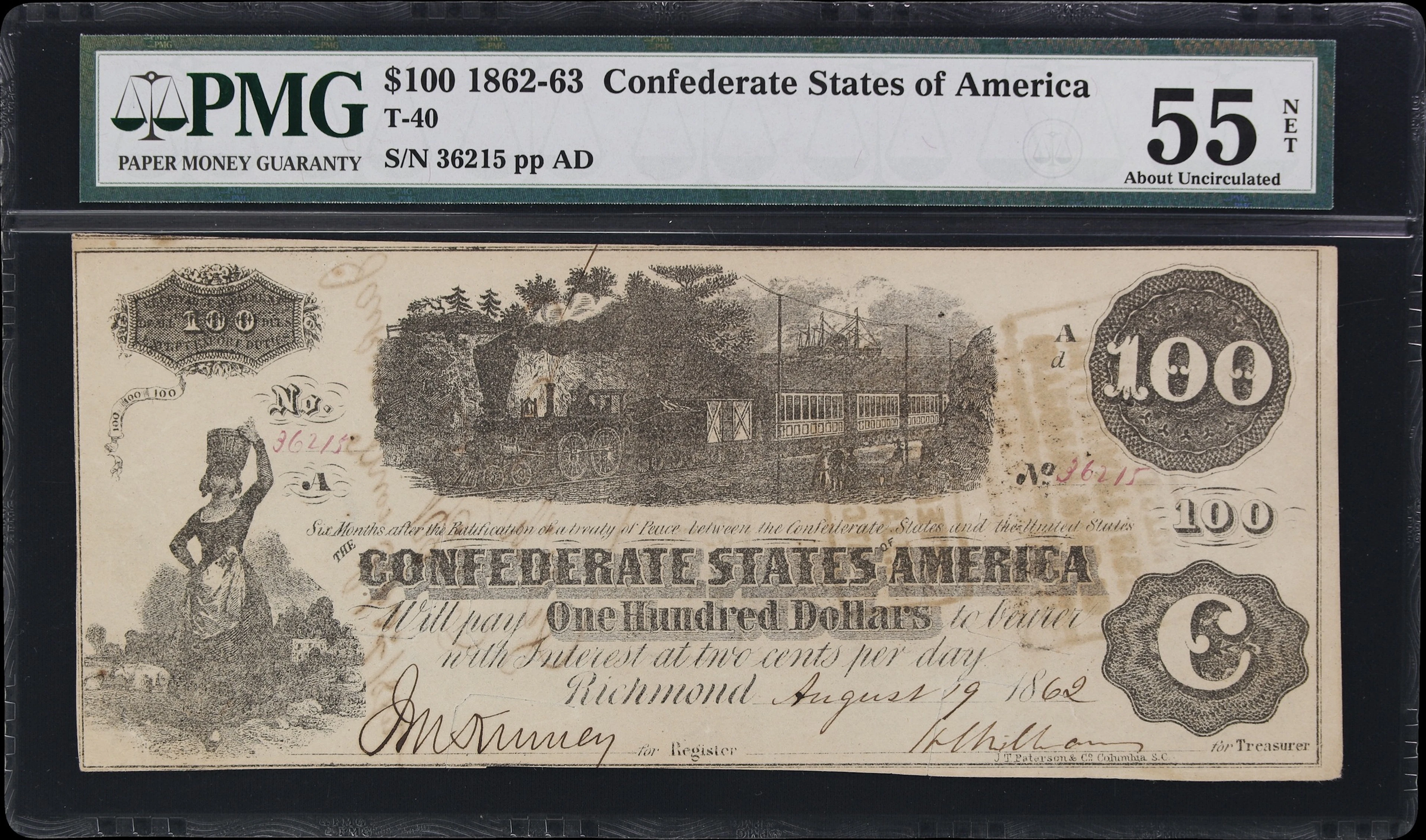 T-40. Confederate Currency. 1862 $100. PMG About Uncirculated 55 Net.