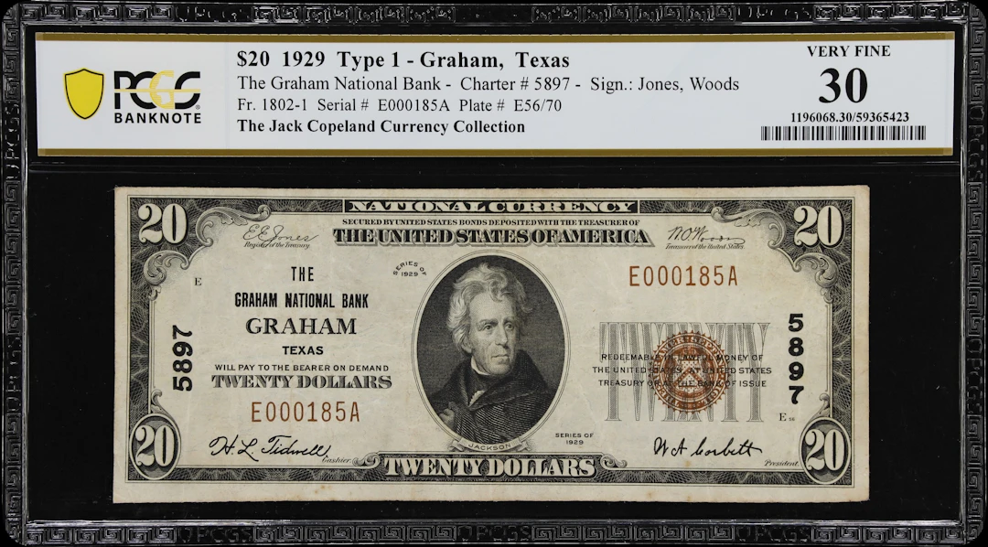 Graham, Texas. $20 1929 Ty. 1. Fr. 1802-1. Graham NB. Charter #5897.